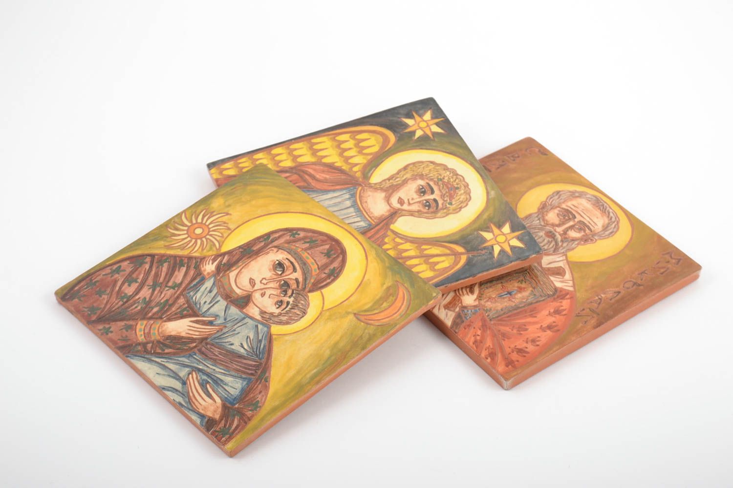 Set of 3 handmade ceramic facing tile painted with engobe with images of saints  photo 4