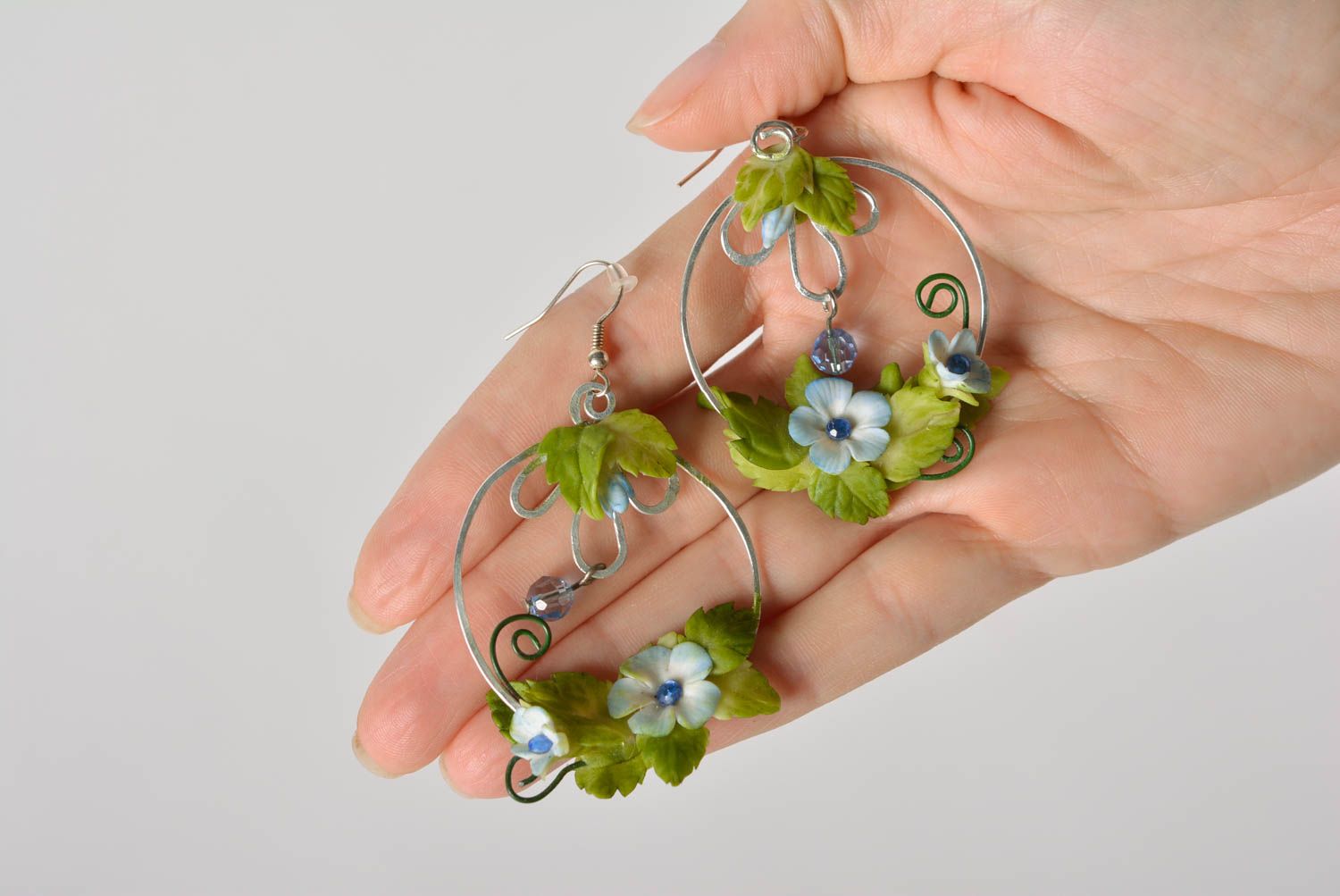 Handmade long massive polymer clay floral earrings with metal fittings photo 5