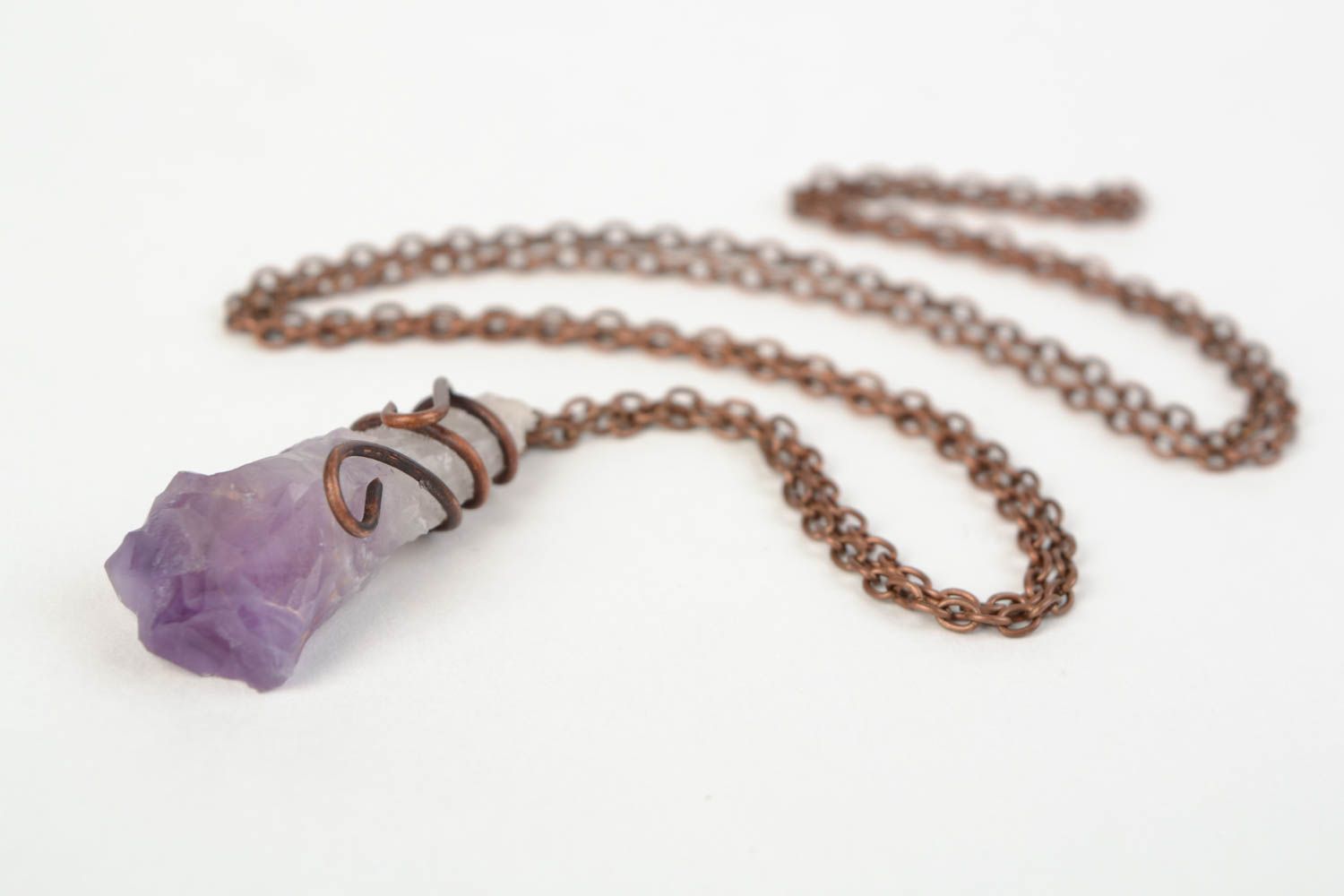 Handmade wire wrap copper neck pendant with natural amethyst stone for women photo 4