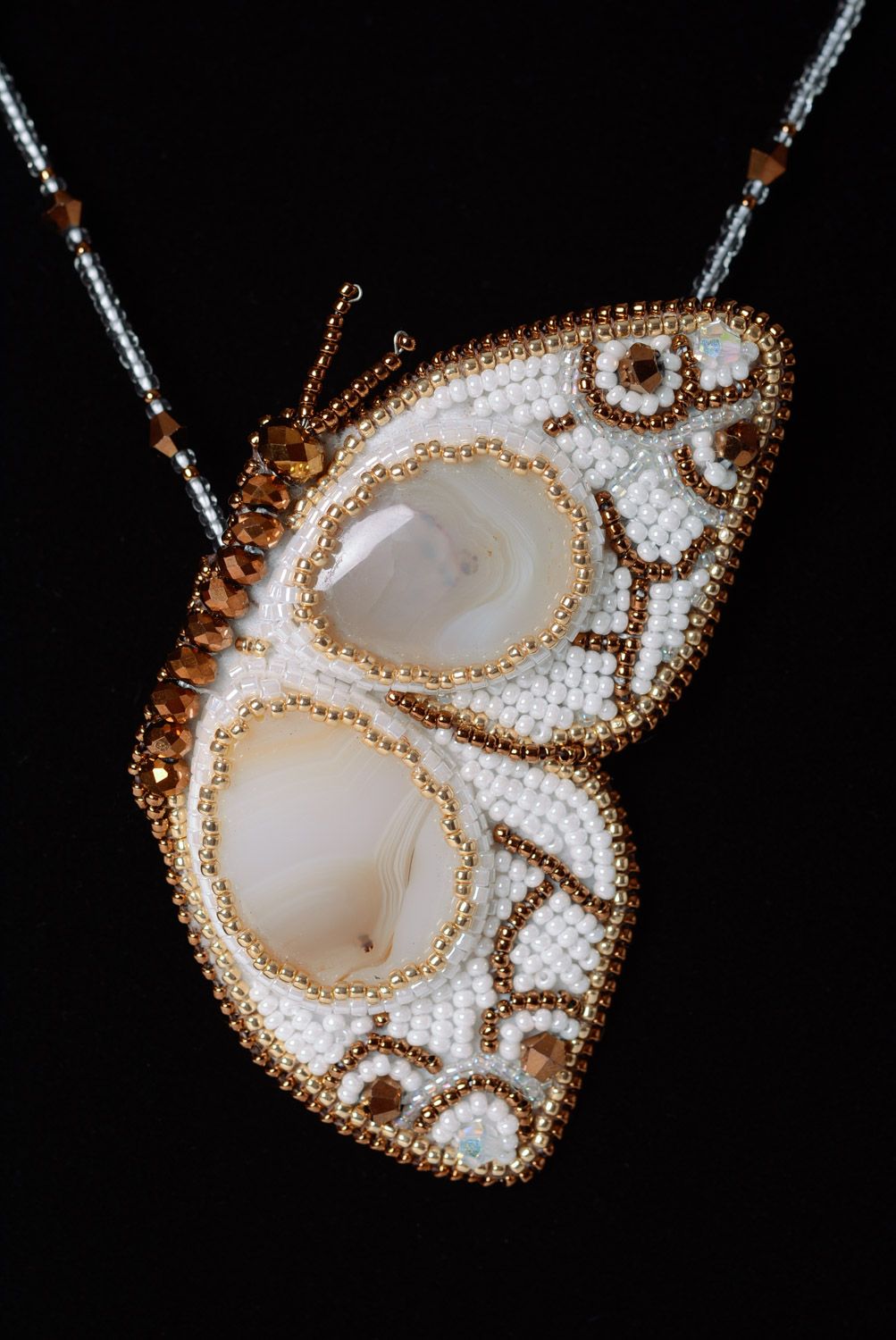 White and brown handmade beaded neck pendant in the shape of butterfly transforming jewelry photo 3