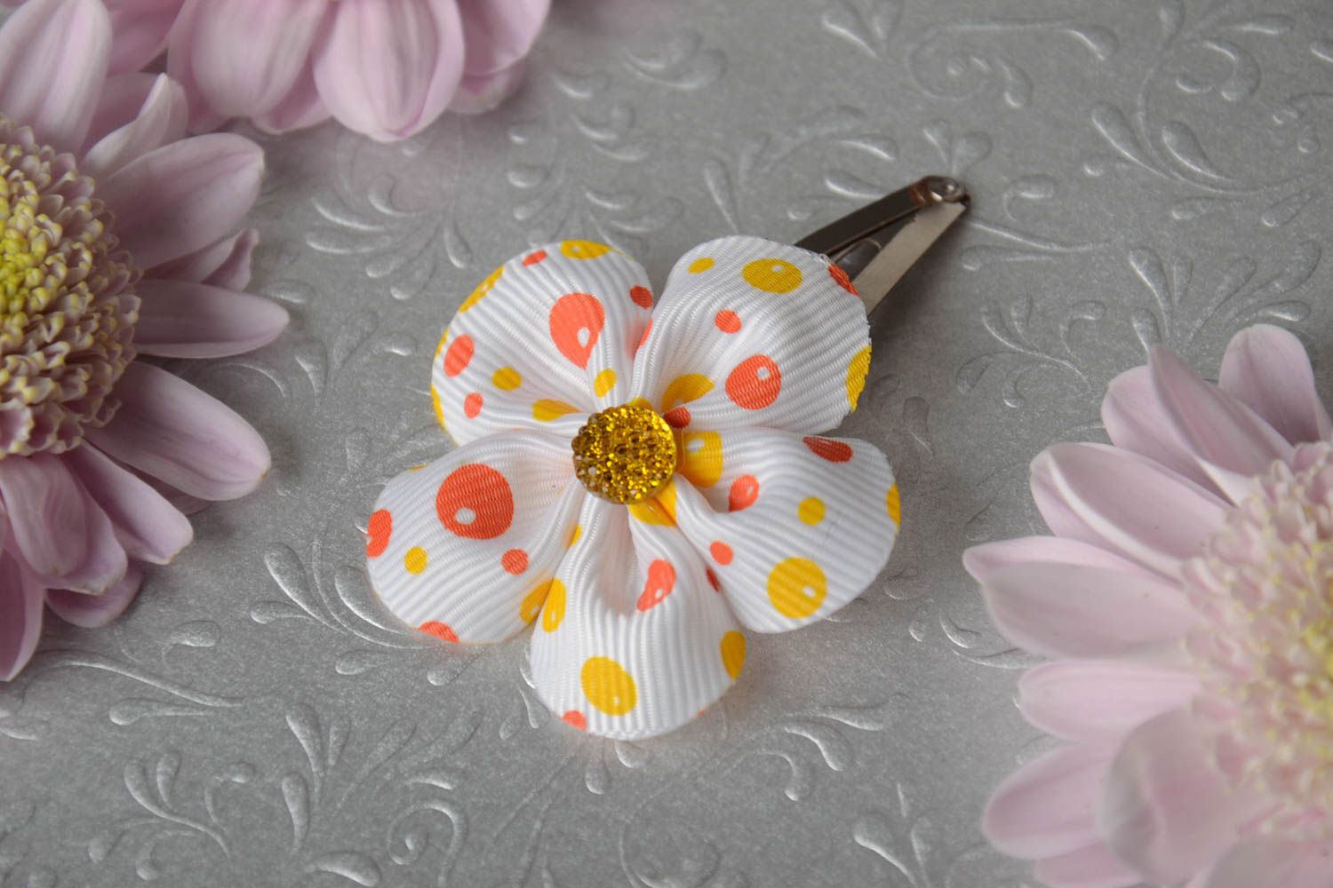 Handmade decorative hair clip with small ribbon flower with rhinestone photo 1