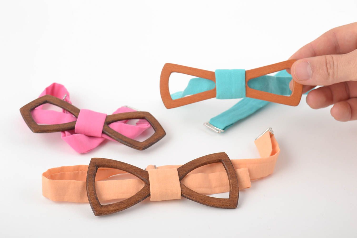 Set of 3 handmade unusual beautiful designer wooden bow ties colorful photo 5
