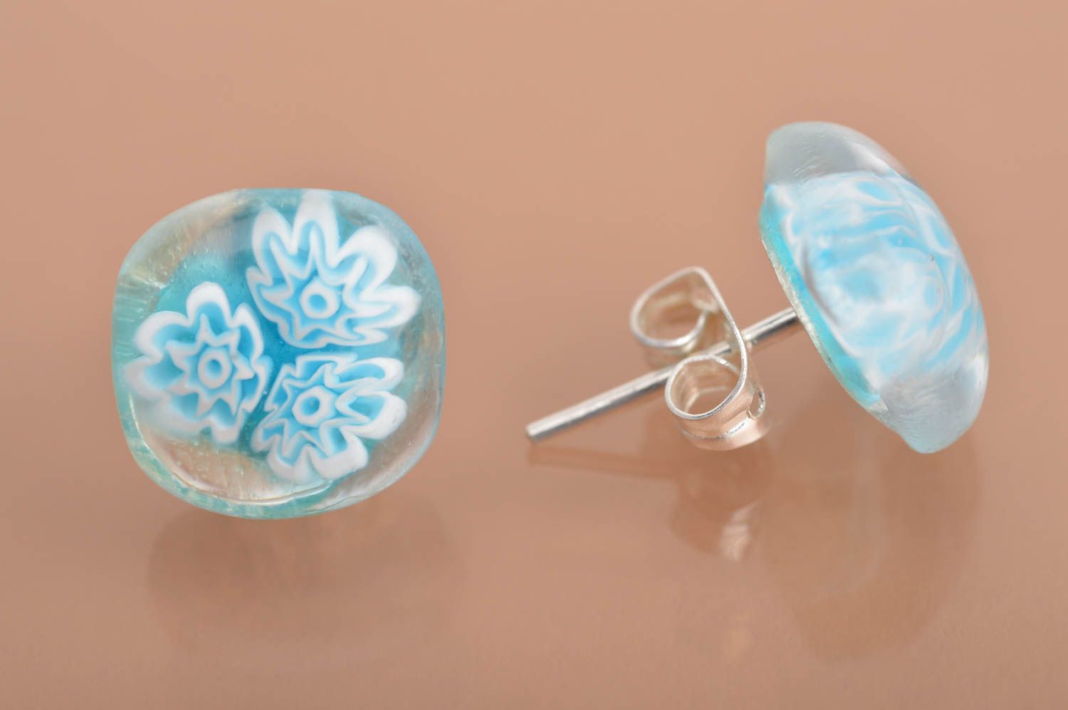 Handmade small stud millefiory glass earrings transparent with blue flowers photo 4