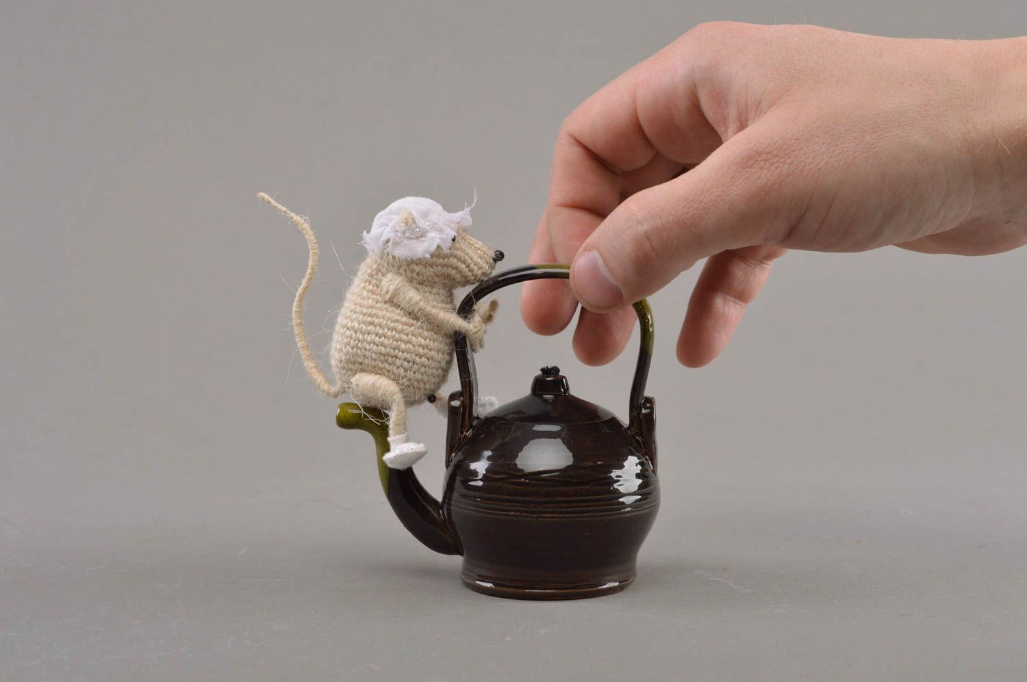 Unusual handmade designer decorative set of crochet soft toy and ceramic teapot photo 4