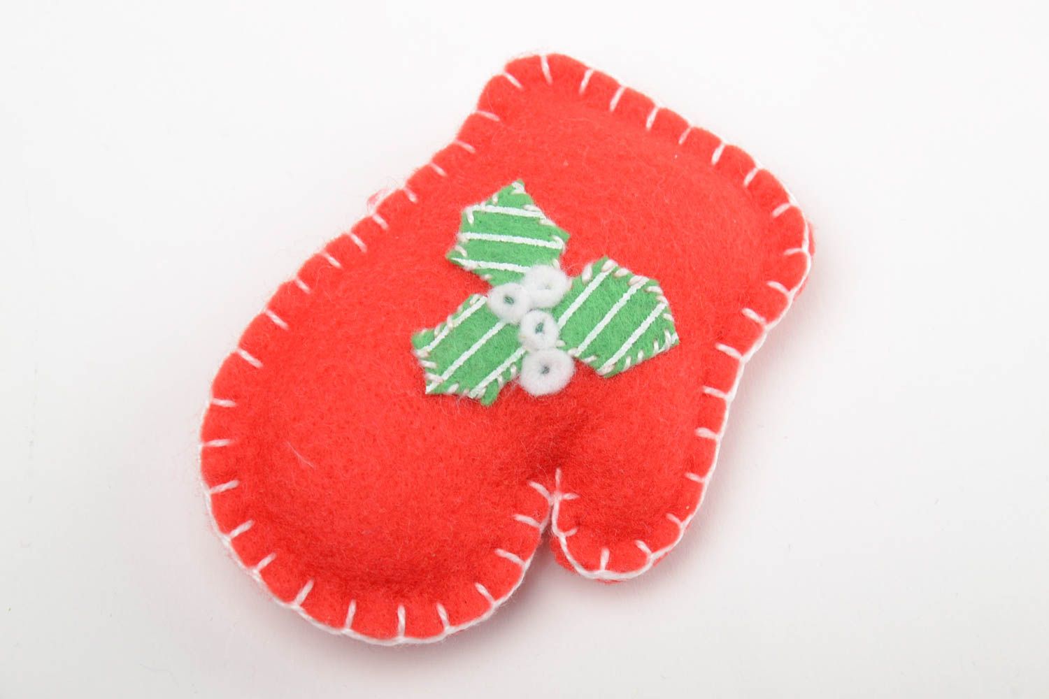 Handmade decorative small soft toy sewn of red felt Mitten for little children photo 2