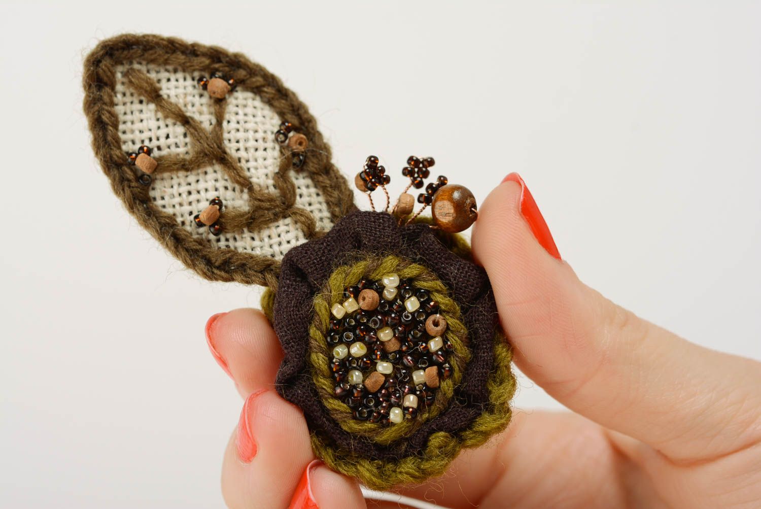 Handmade brown and green flower brooch crocheted of woolen threads with beads photo 3