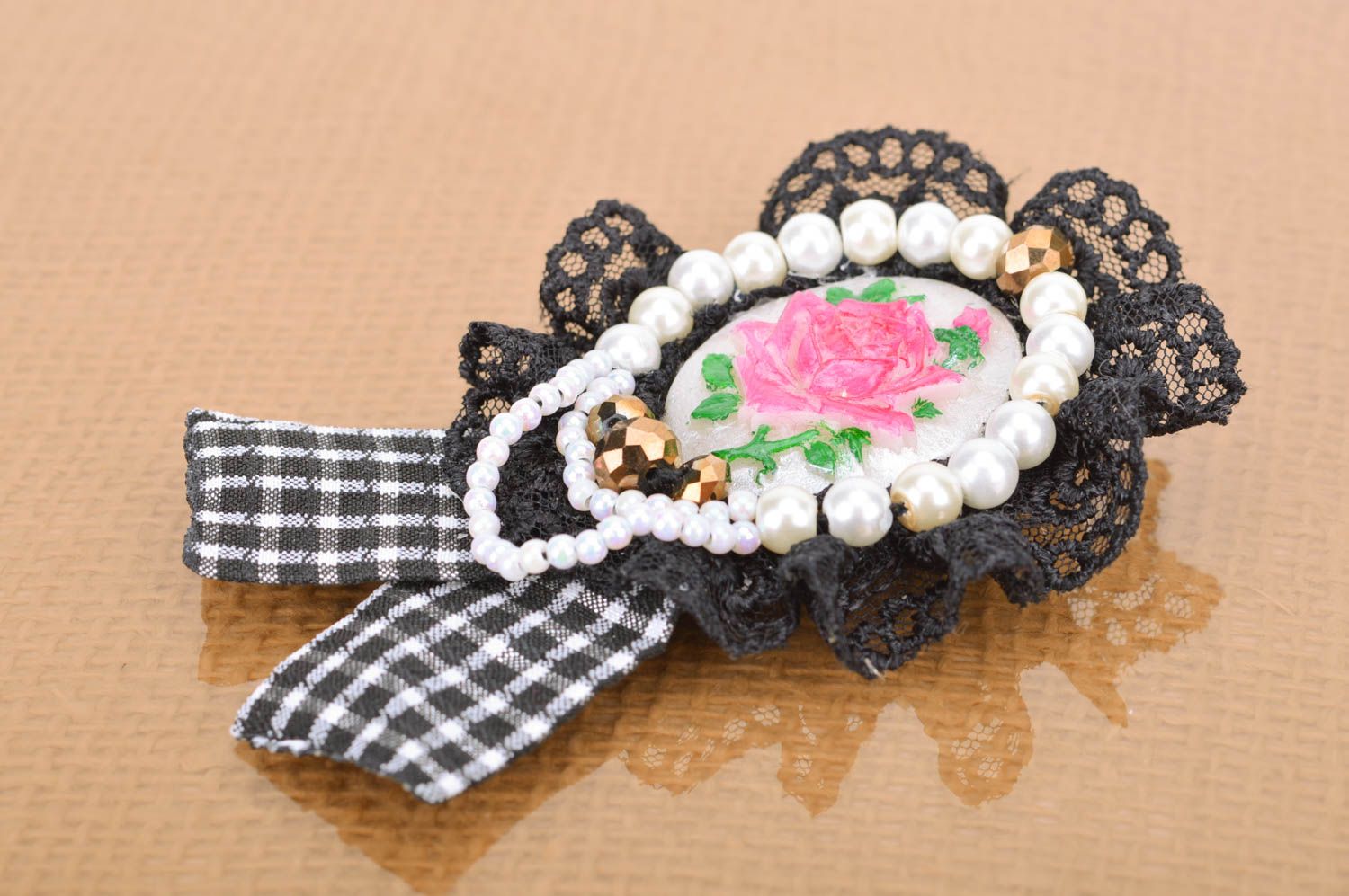 Handmade brooch with flower lace and beads black and white beautiful accessory photo 5