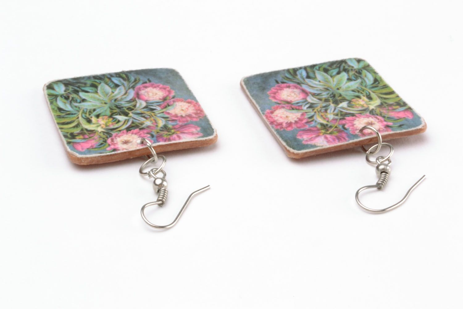 Square earrings made of polymer clay Peonies photo 5