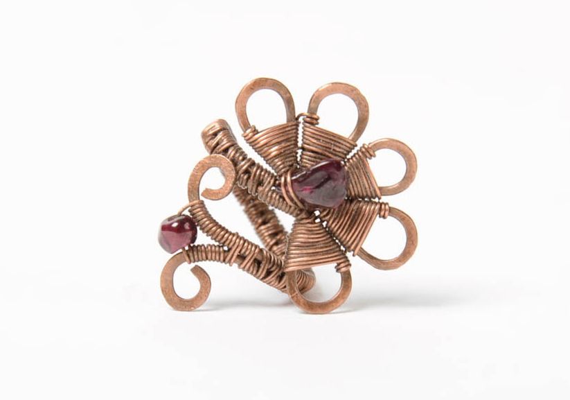 Handmade designer wire wrap copper jewelry ring with beads for women photo 2