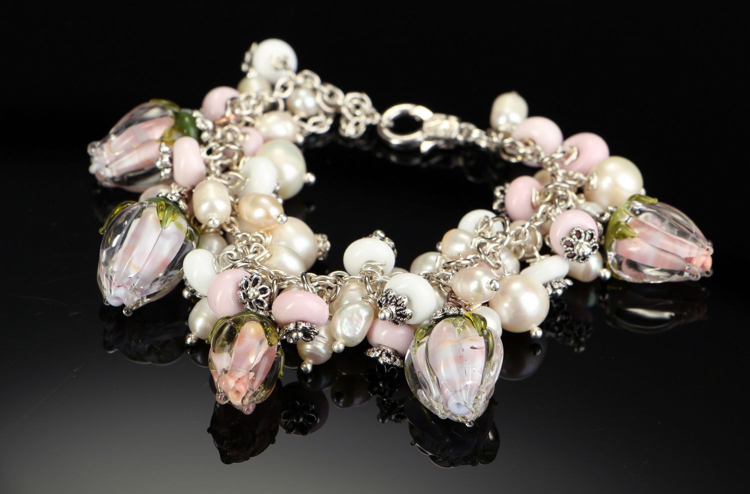 Bracelet en perles et verre Couleur pêche pastel photo 1