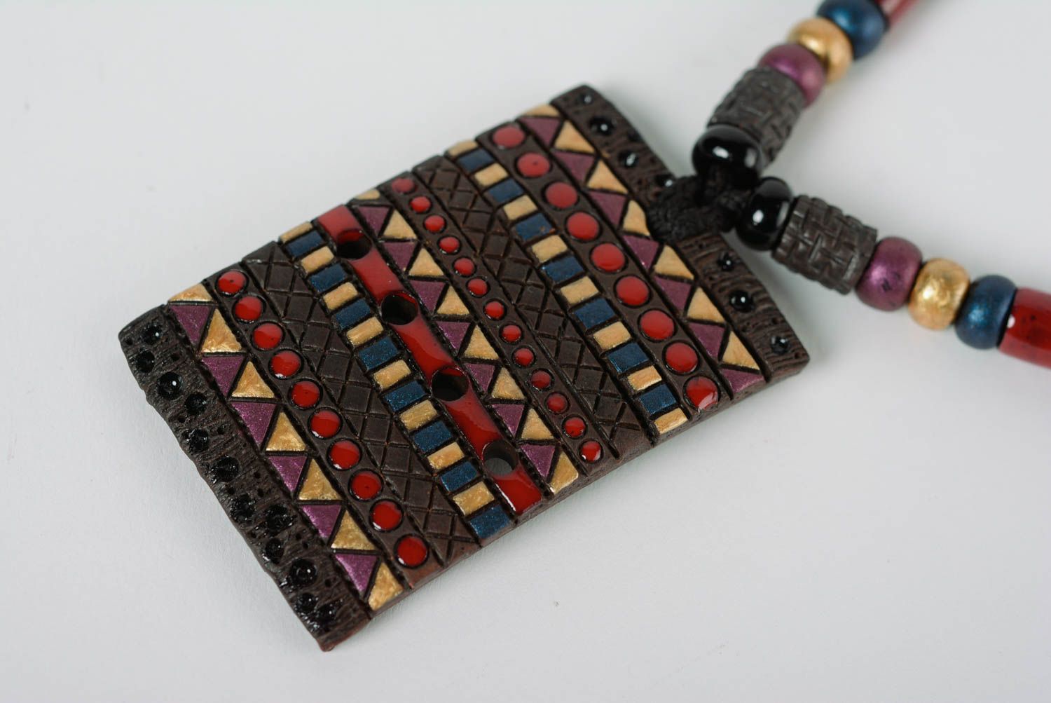 Handmade clay rectangular pendant in ethnic style on long cord fancy jewelry photo 2