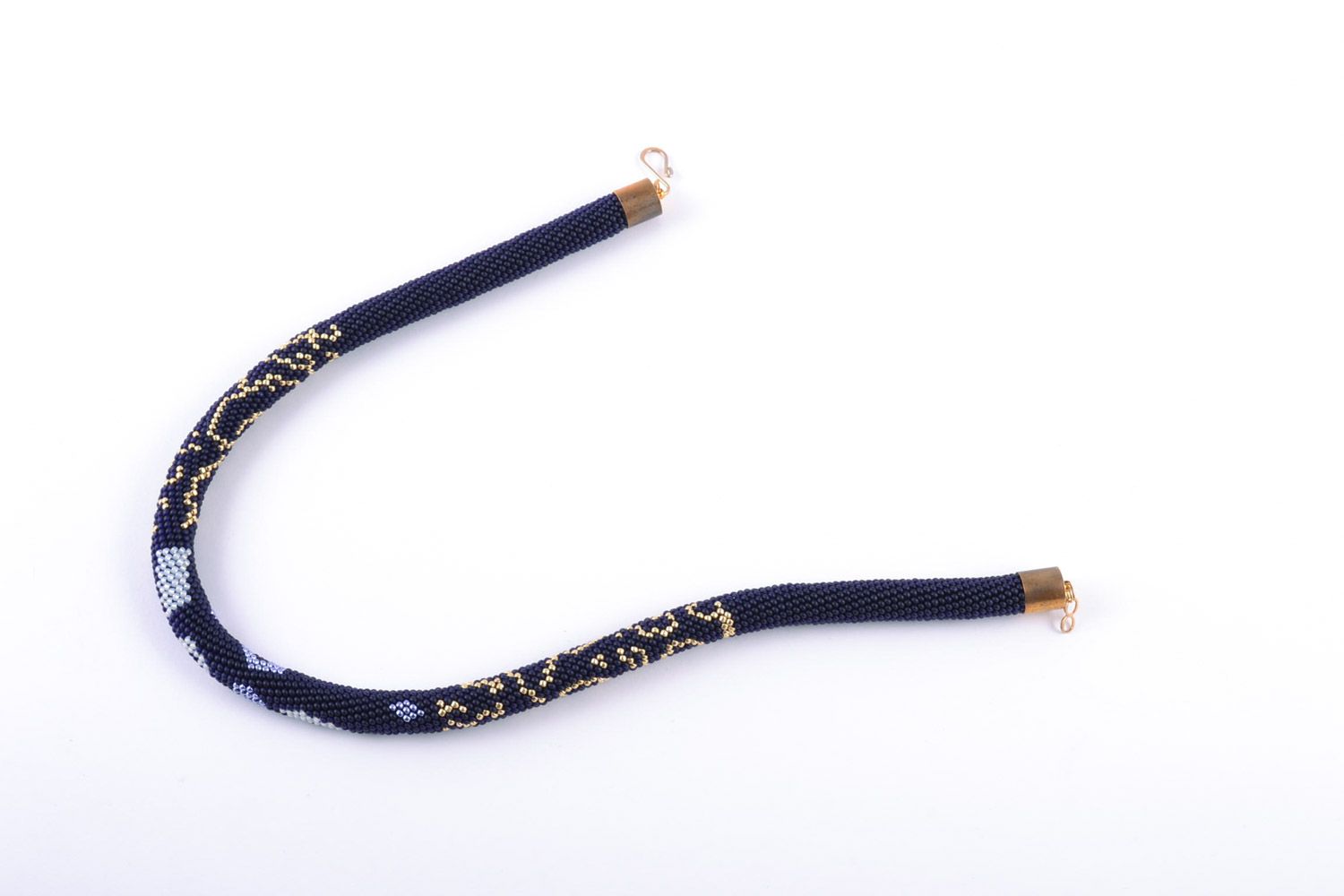 Handmade cord necklace with Czech beads of blue color with gold patterns photo 3