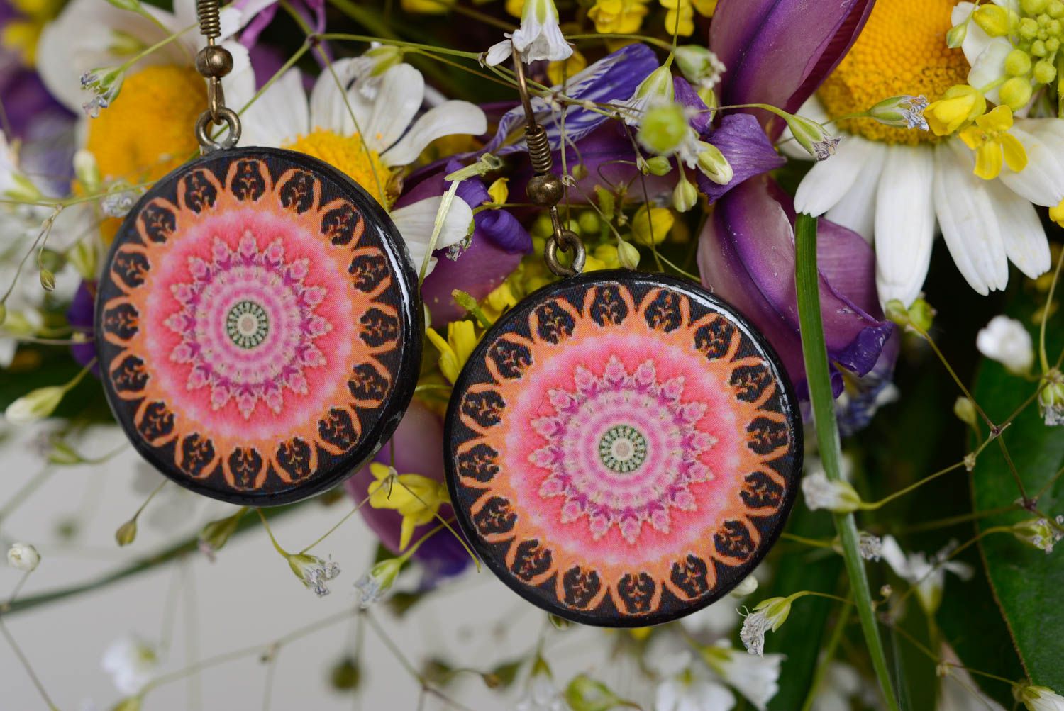 Handmade round polymer clay dangling earrings with decoupage Kaleidoscope photo 1