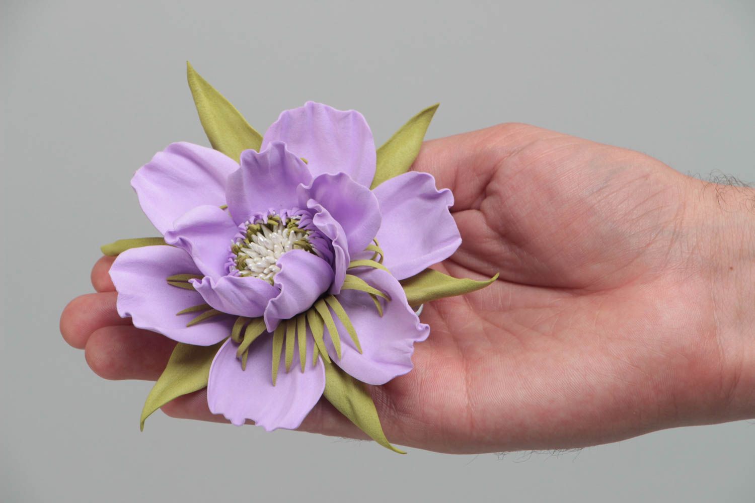 Handmade decorative hair clip with volume large tender violet foamiran flower photo 5