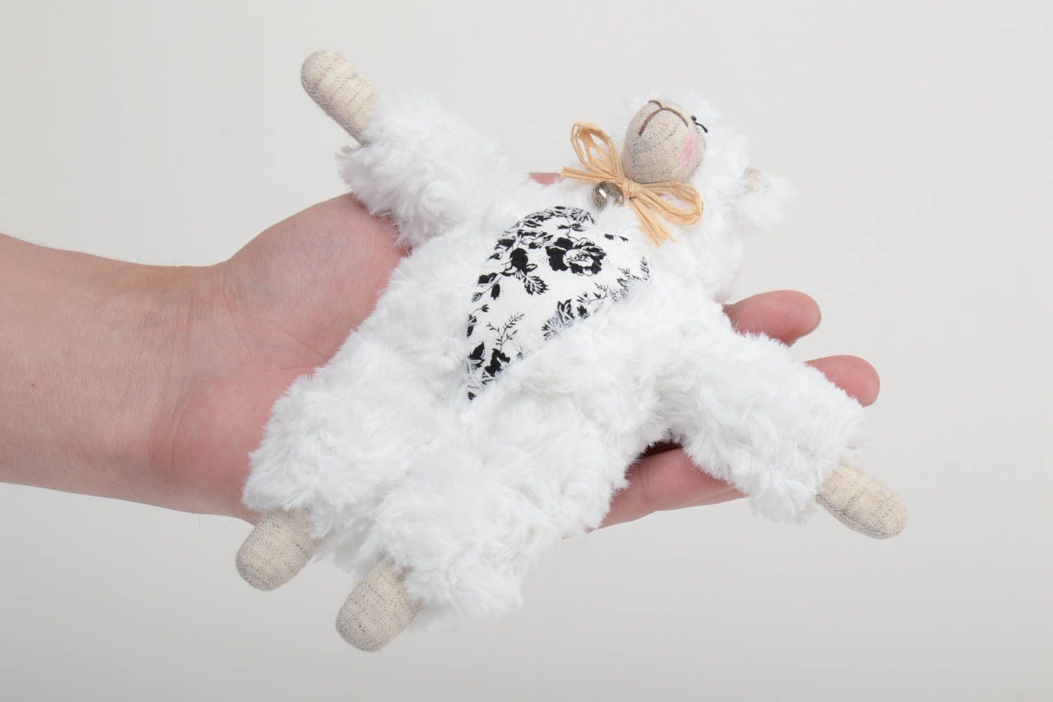 Handmade small soft toy lamb sewn of white faux fur and patterned linen fabric photo 5
