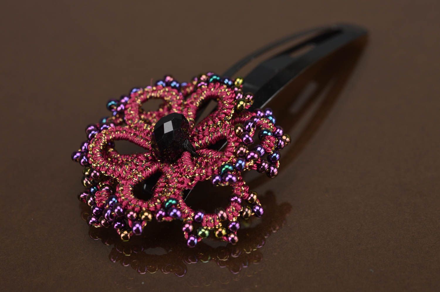 Handmade hair clip made of satin threads and beads using tatting technique photo 2