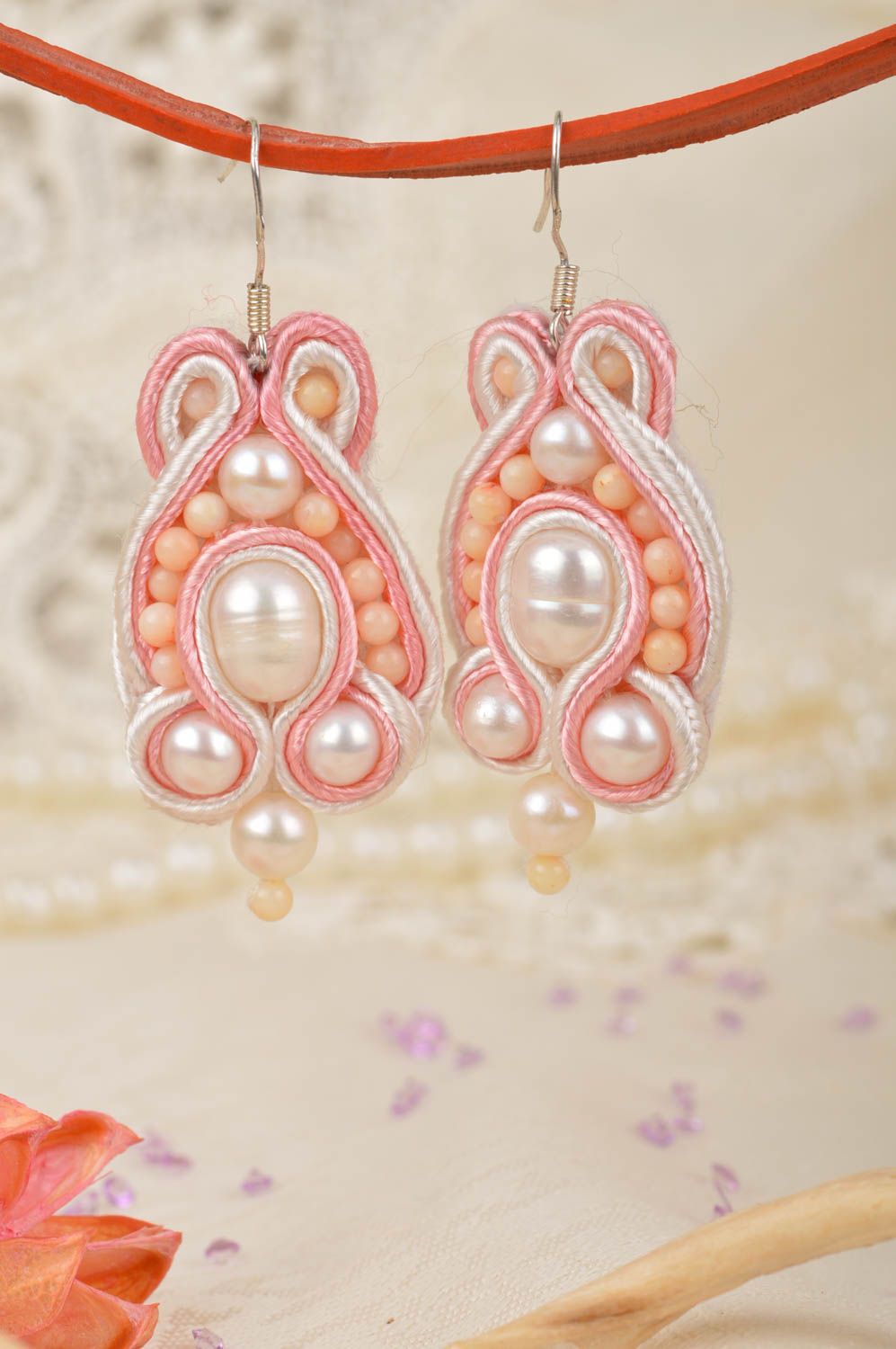 Unusual beautiful gentle handmade designer fabric soutache earrings with beads photo 1