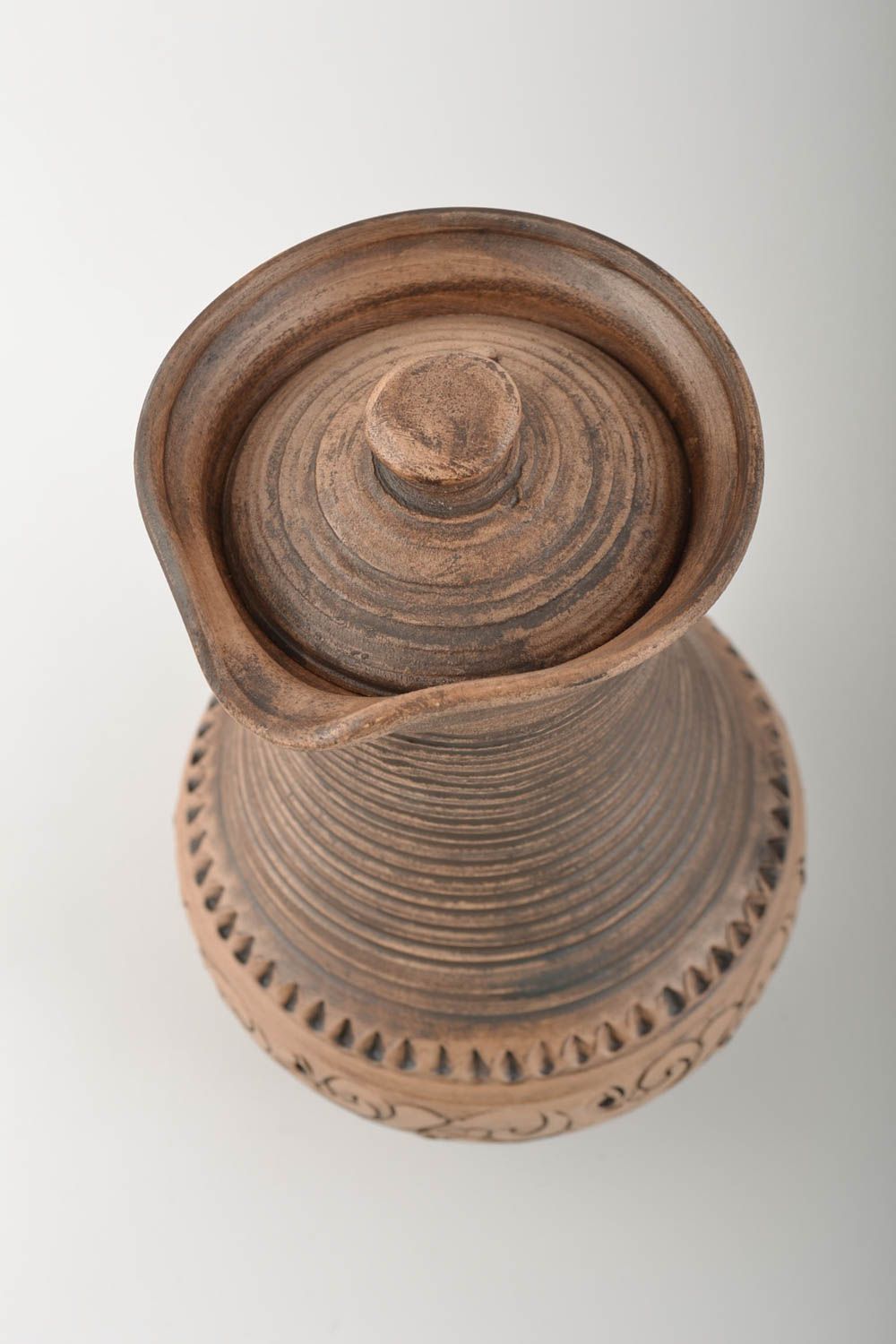Cruche en argile faite main à motif avec couvercle marron originale 50 cl photo 3