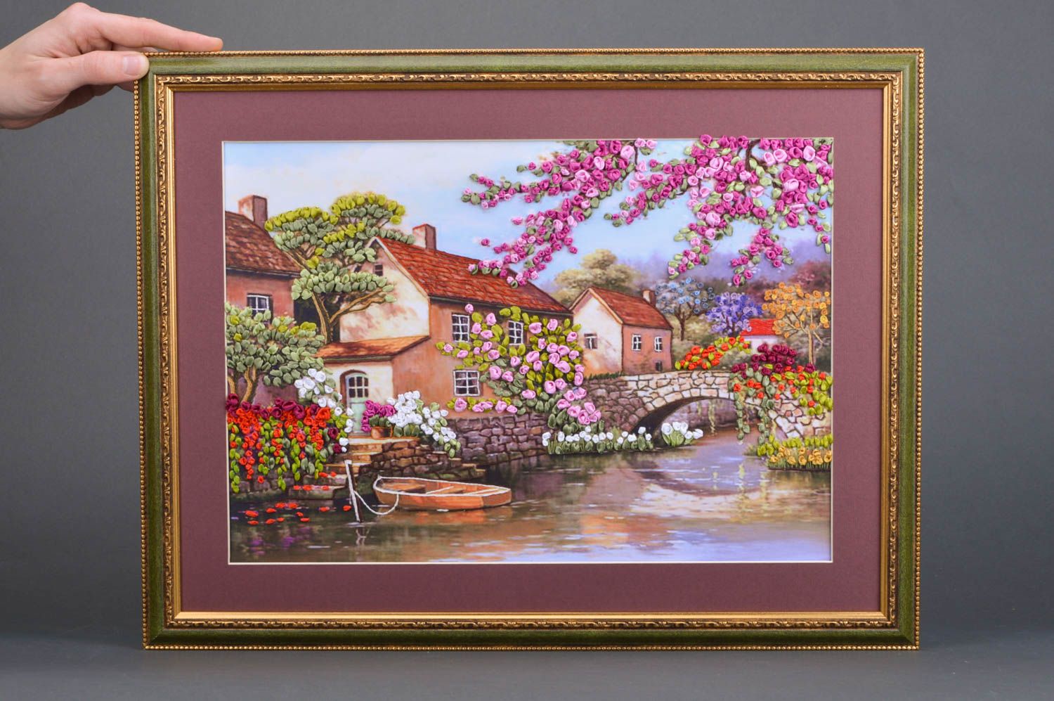 Horizontal handmade satin ribbon embroidery wall hanging in frame Landscape photo 3