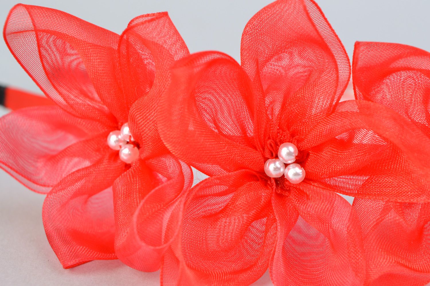Homemade red organza flower headband photo 3
