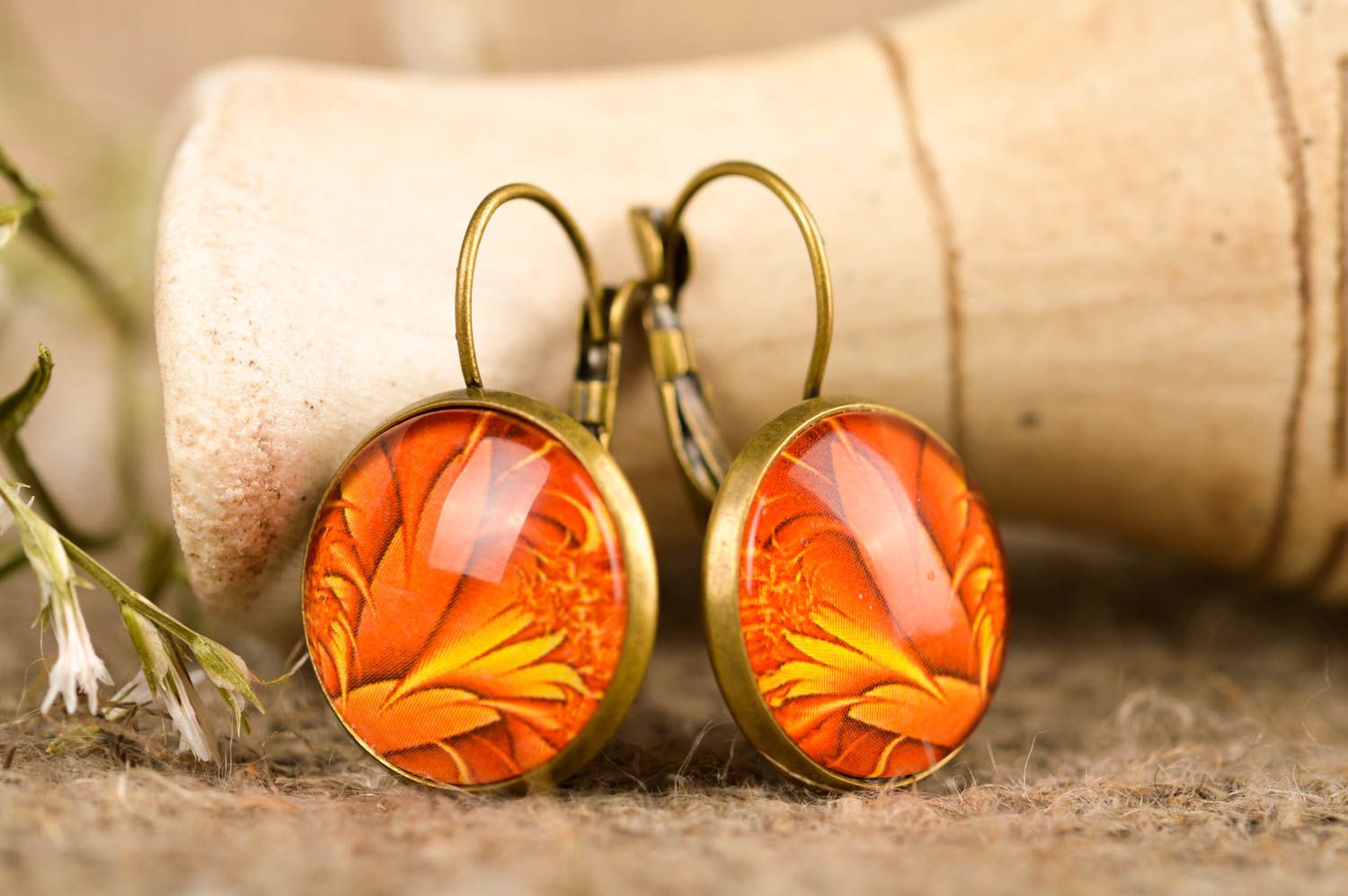 Stylish earrings with print handmade jewelry cabochon earrings vintage jewelry photo 1