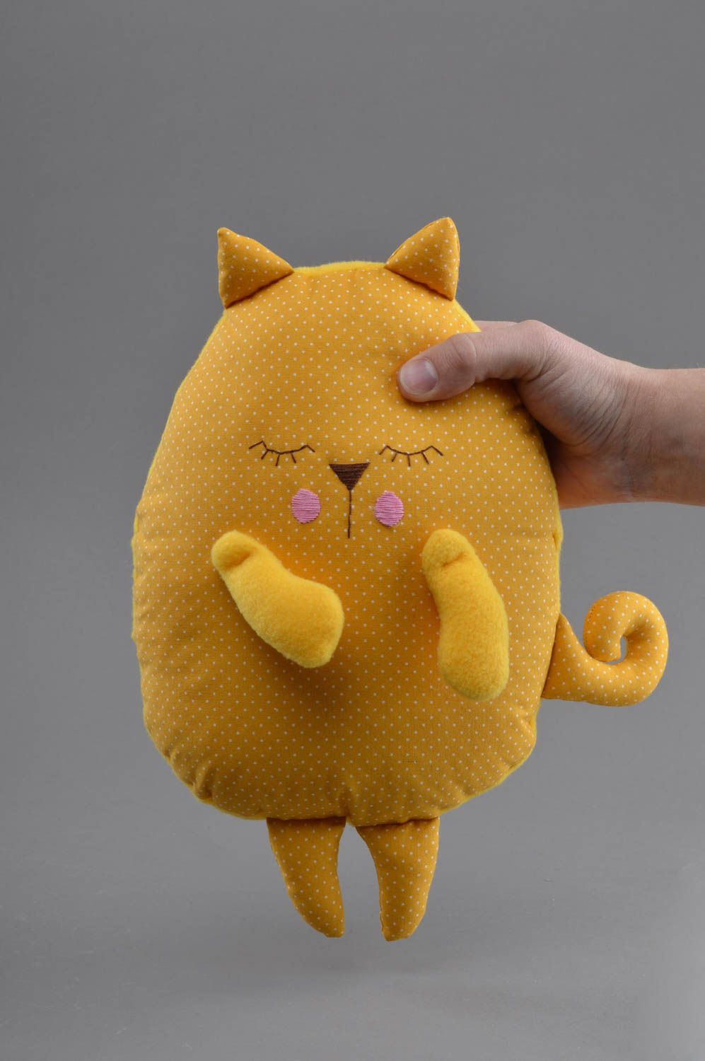 Handmade funny designer soft fabric pillow pet yellow polka dot sleepy kitten photo 4