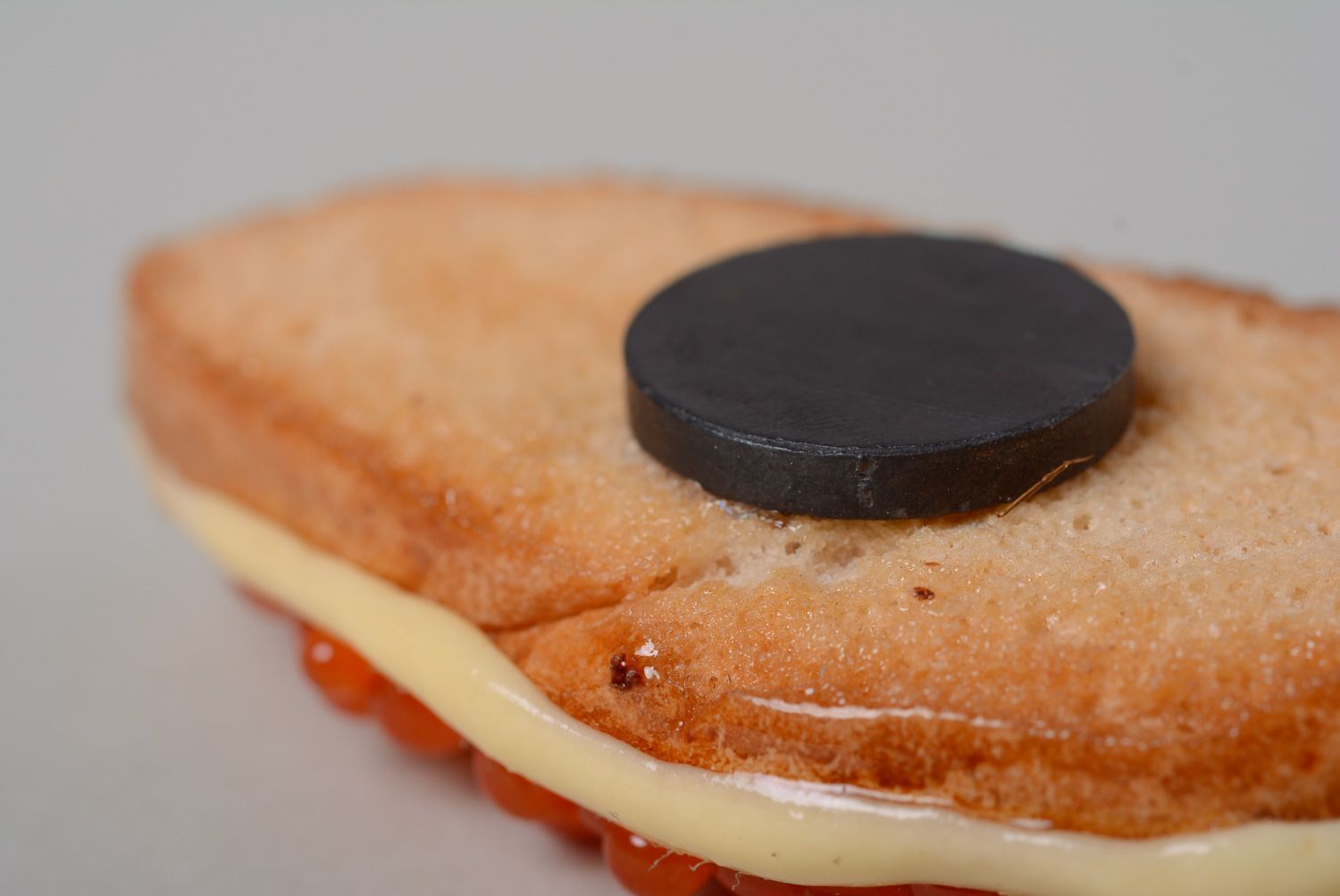 Handmade decorative polymer clay fridge magnet for kitchen sandwich with caviar photo 2