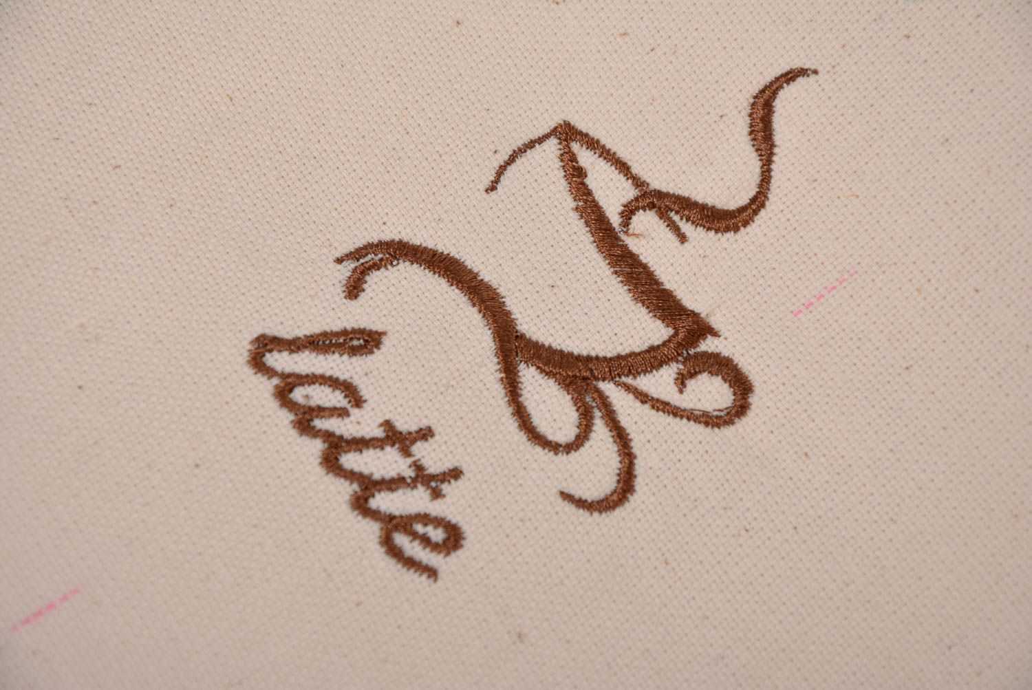 Designer long beige semi linen napkin with handmade embroidery Cup of Latte photo 2