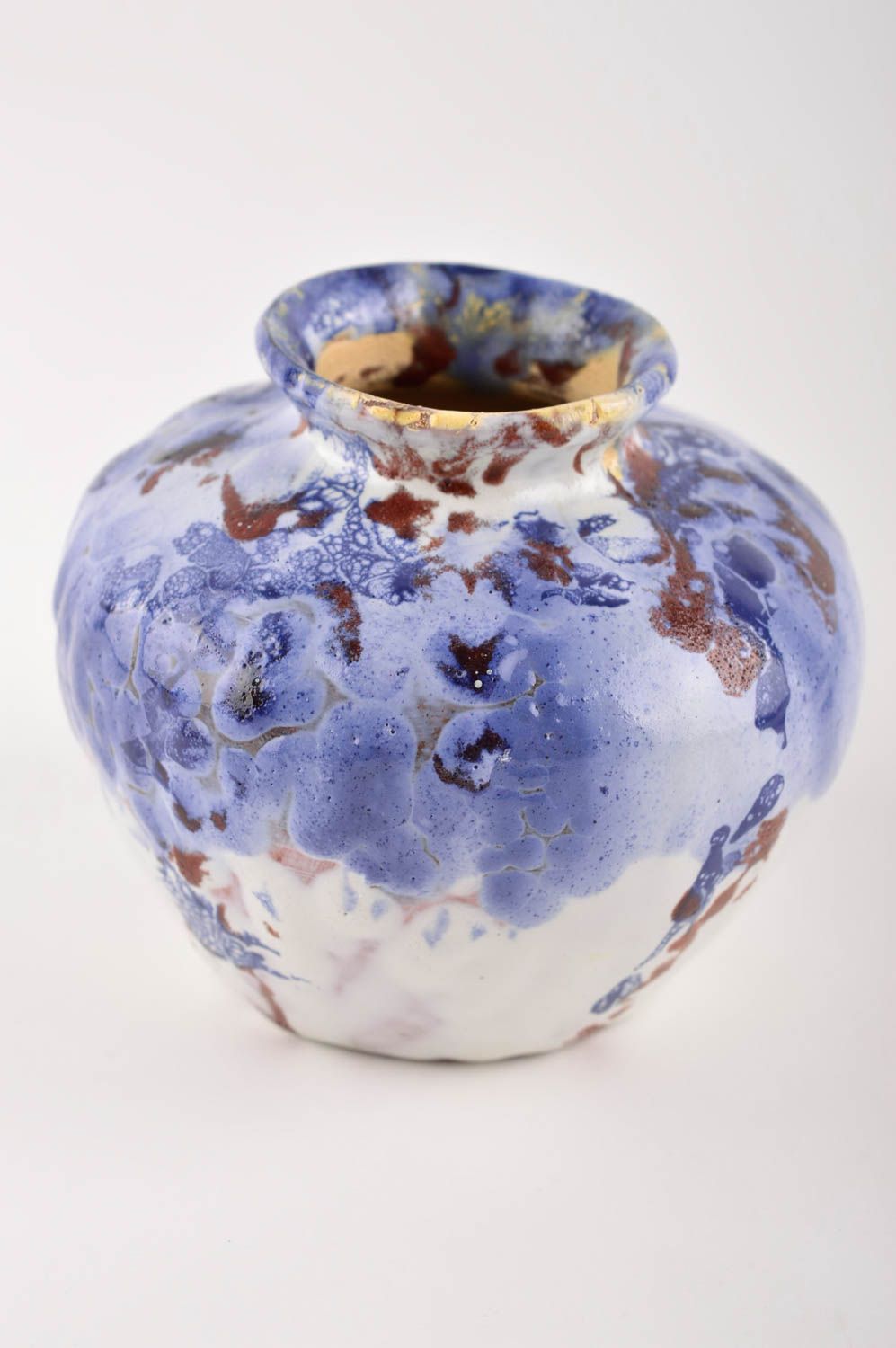 Small ceramic blue flat handmade flower vase 4, 0,75 lb photo 2