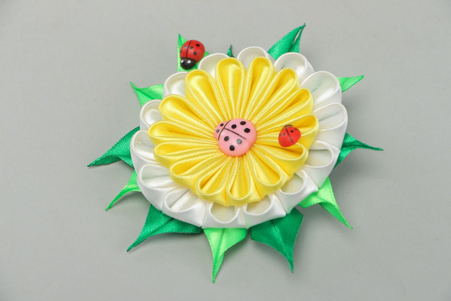 Bright handmade hair clip with yellow kanzashi flower and decorative ladybirds photo 1