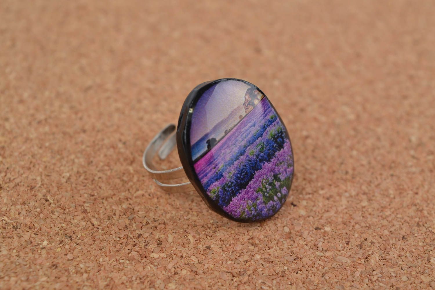 Handmade women's polymer clay decoupage oval ring on metal basis Lavender photo 1