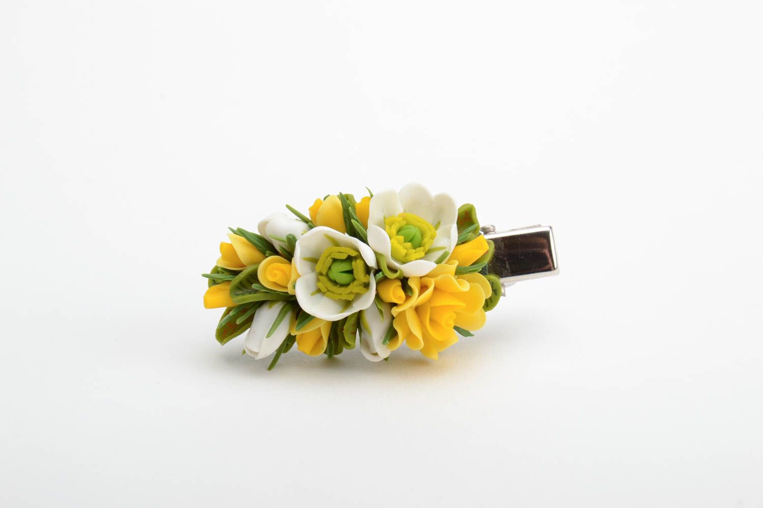 Handmade decorative hair clip with tiny tender yellow polymer clay flowers photo 4