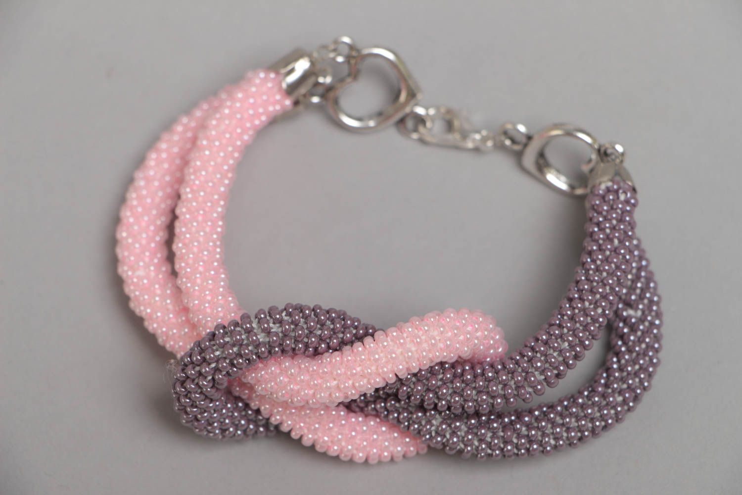 Handmade designer two colored gray and pink beaded cord wrist bracelet for women photo 2