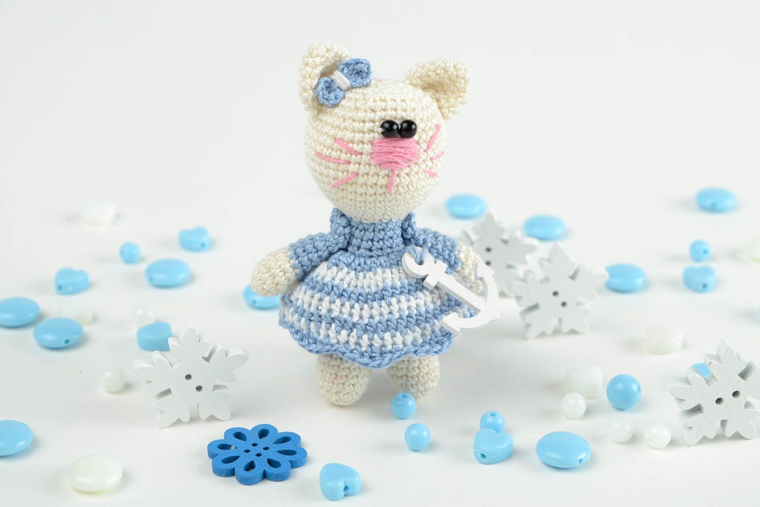 Handmade gehäkeltes Kuscheltier Spielzeug Katze Designer Geschenk in Blau foto 1