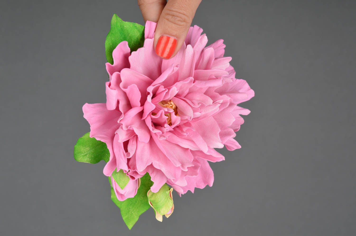 Volume beautiful brooch hai clip in the form of pink peony handmade accessory photo 3