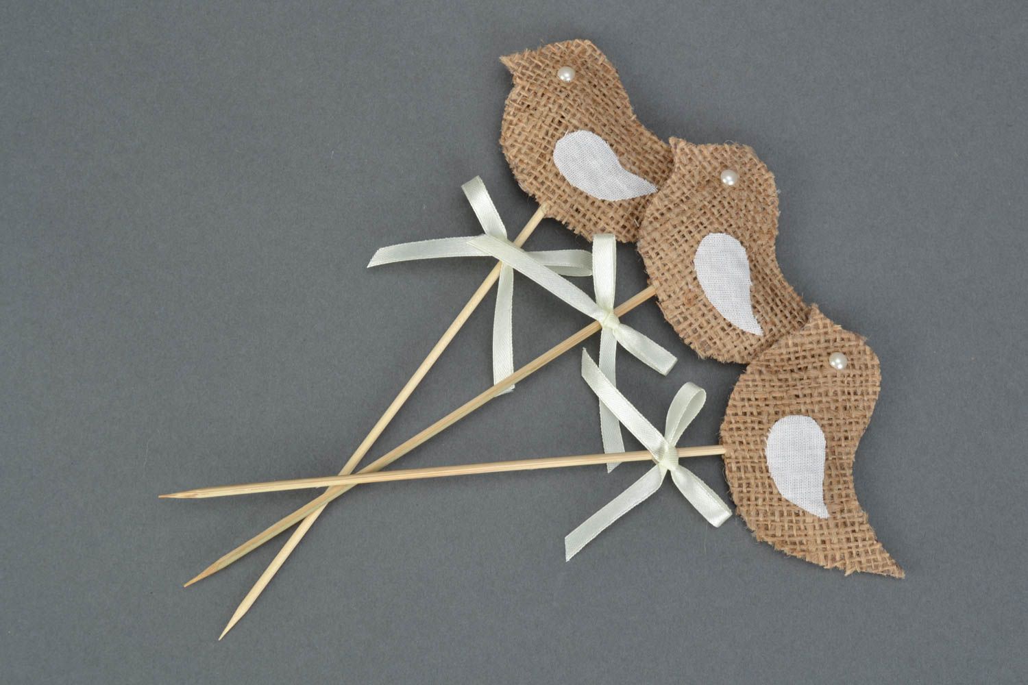 Set of 3 handmade flowerpot fabric decorations birds with satin bows on sticks photo 1
