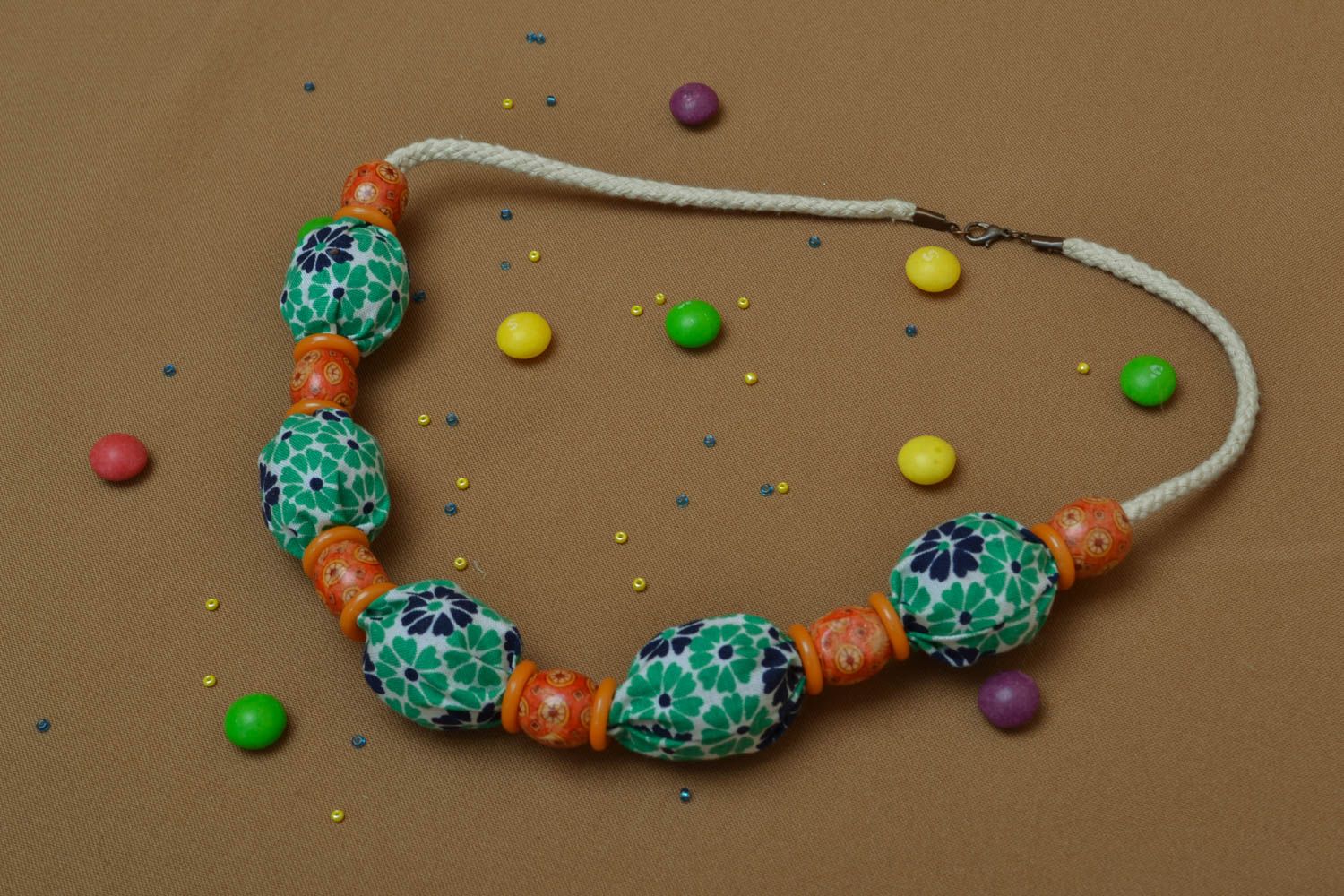 Textile necklace with wooden beads photo 5
