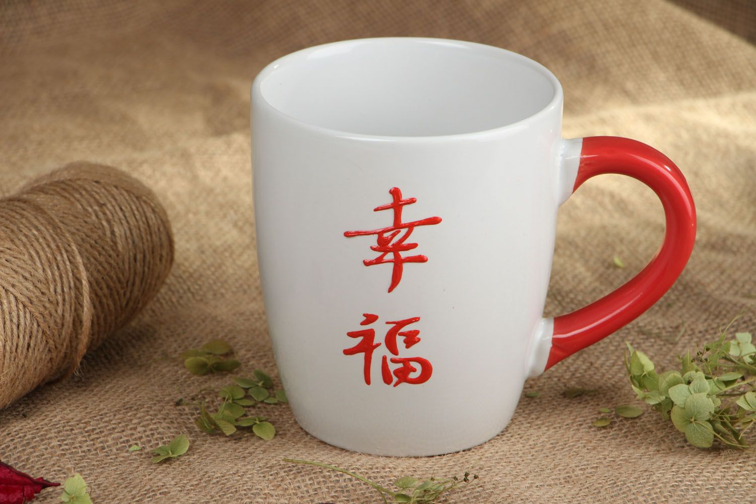 Japanese style white ceramic coffee or tea cup with red handle photo 5