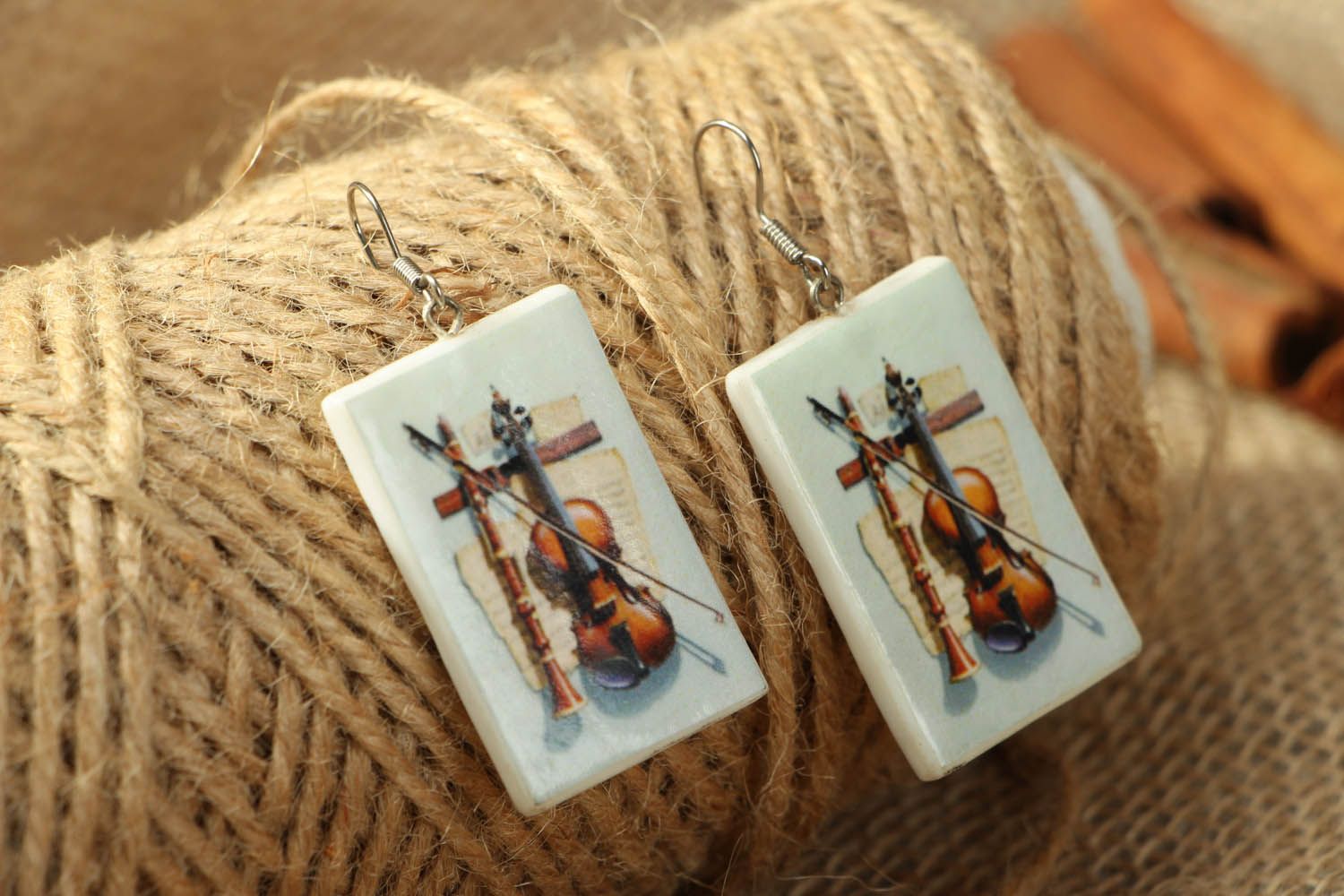 Unique polymer clay earrings Violin photo 3