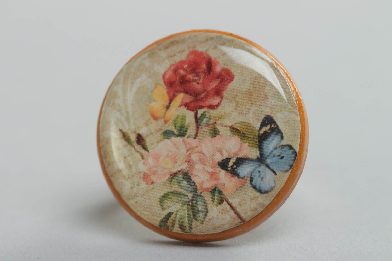 Beautiful handcrafted vintage ring made of glass glaze with flower print photo 3