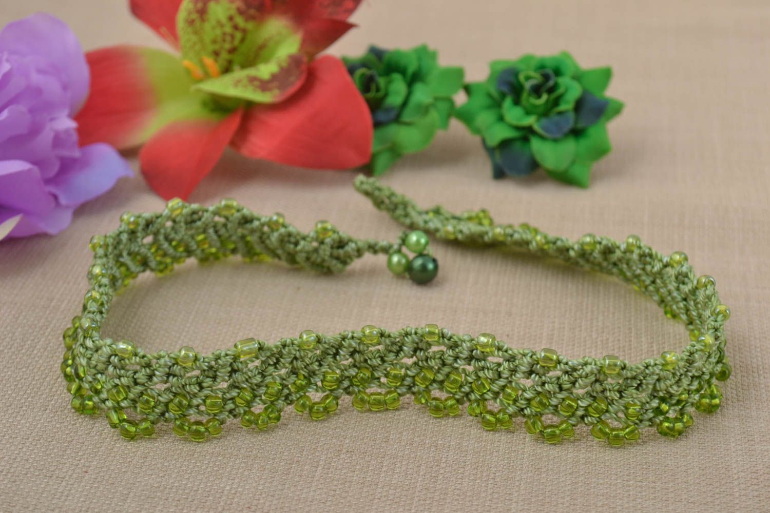Handmade macrame necklace beaded jewelry thread necklace woven accessories photo 1