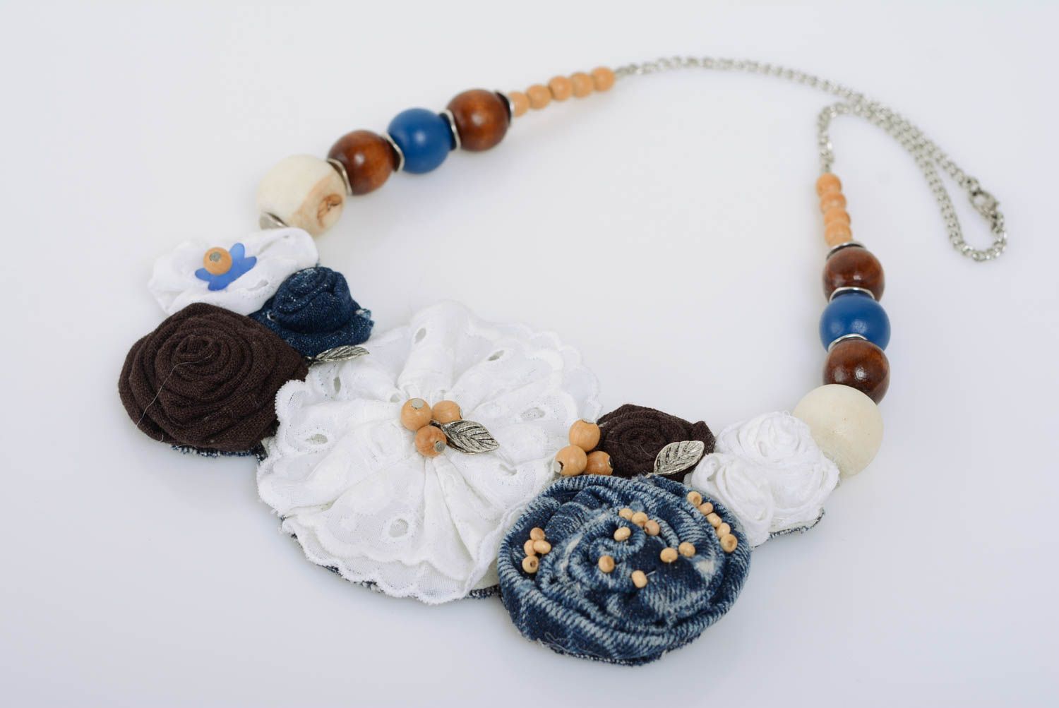 Handmade designer necklace on chain with fabric flowers and wooden beads photo 1
