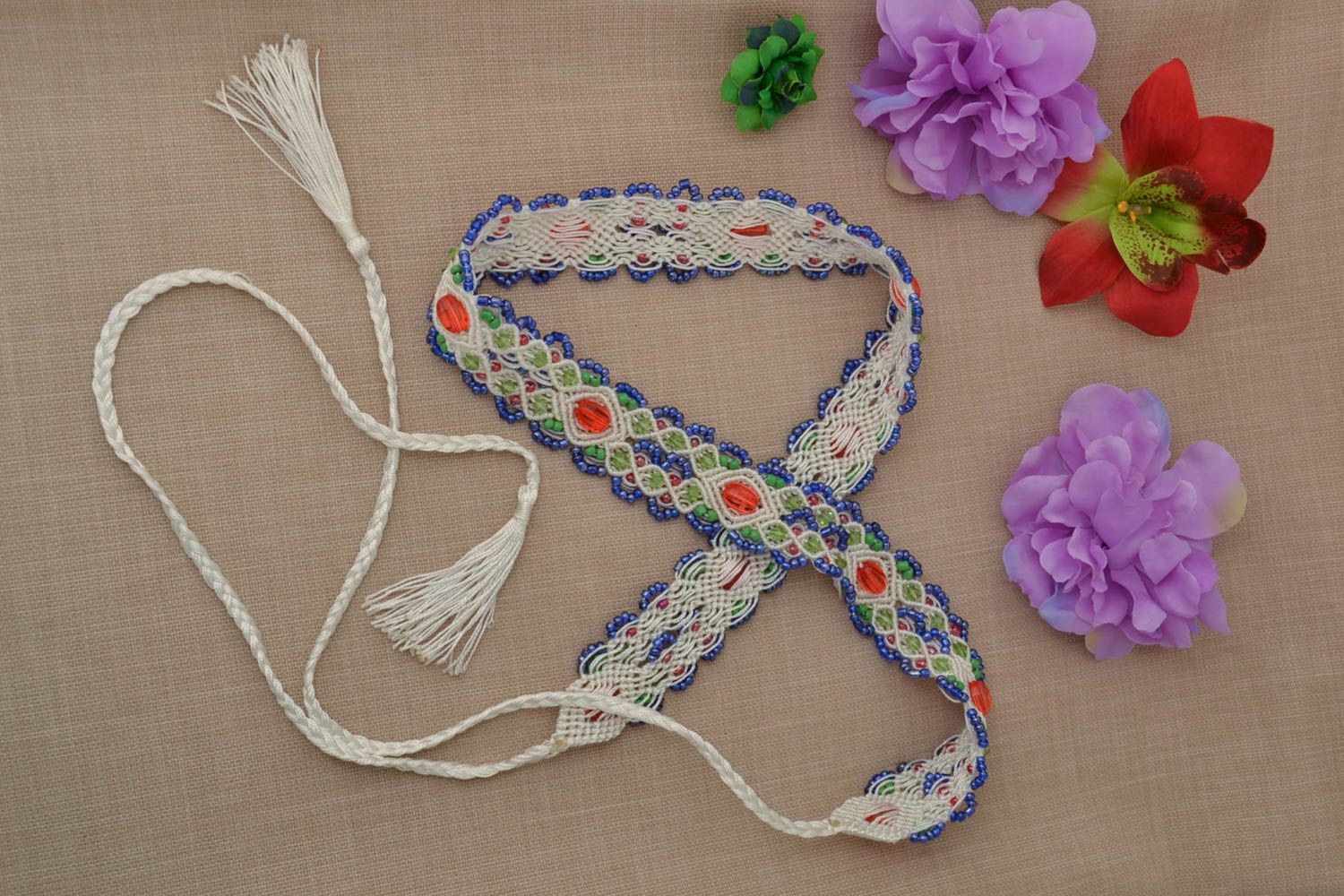 Macrame handmade belt woven belt with beads macrame accessories women belt photo 1