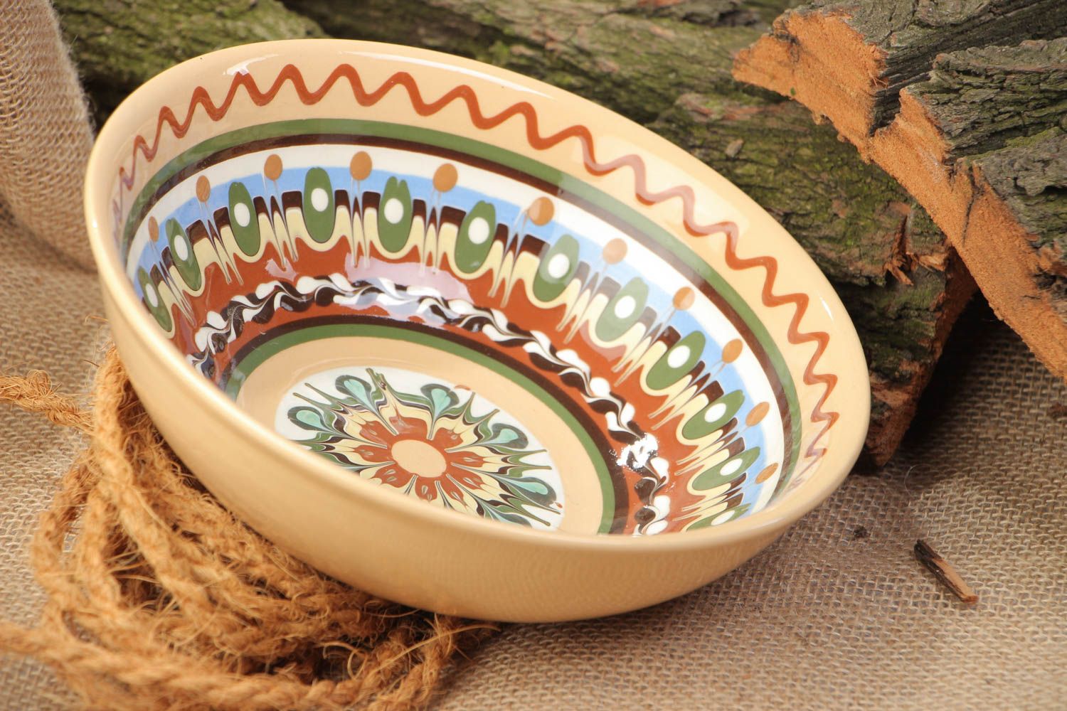Handmade beautiful ceramic soup bowl with ornament coated with glaze for 600 ml photo 1