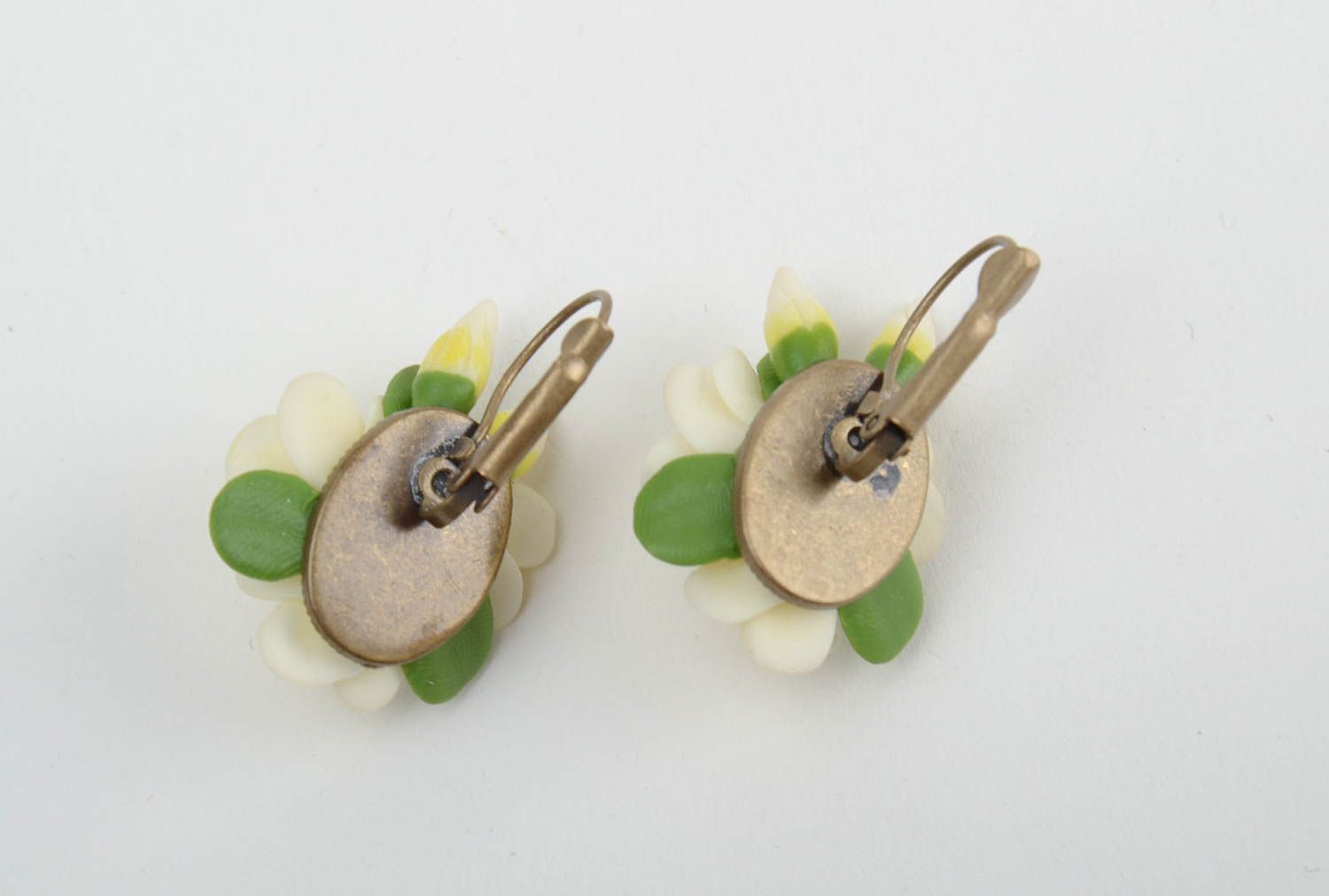 Handmade small neat earrings with cold porcelain yellow vanilla flowers for girls photo 5