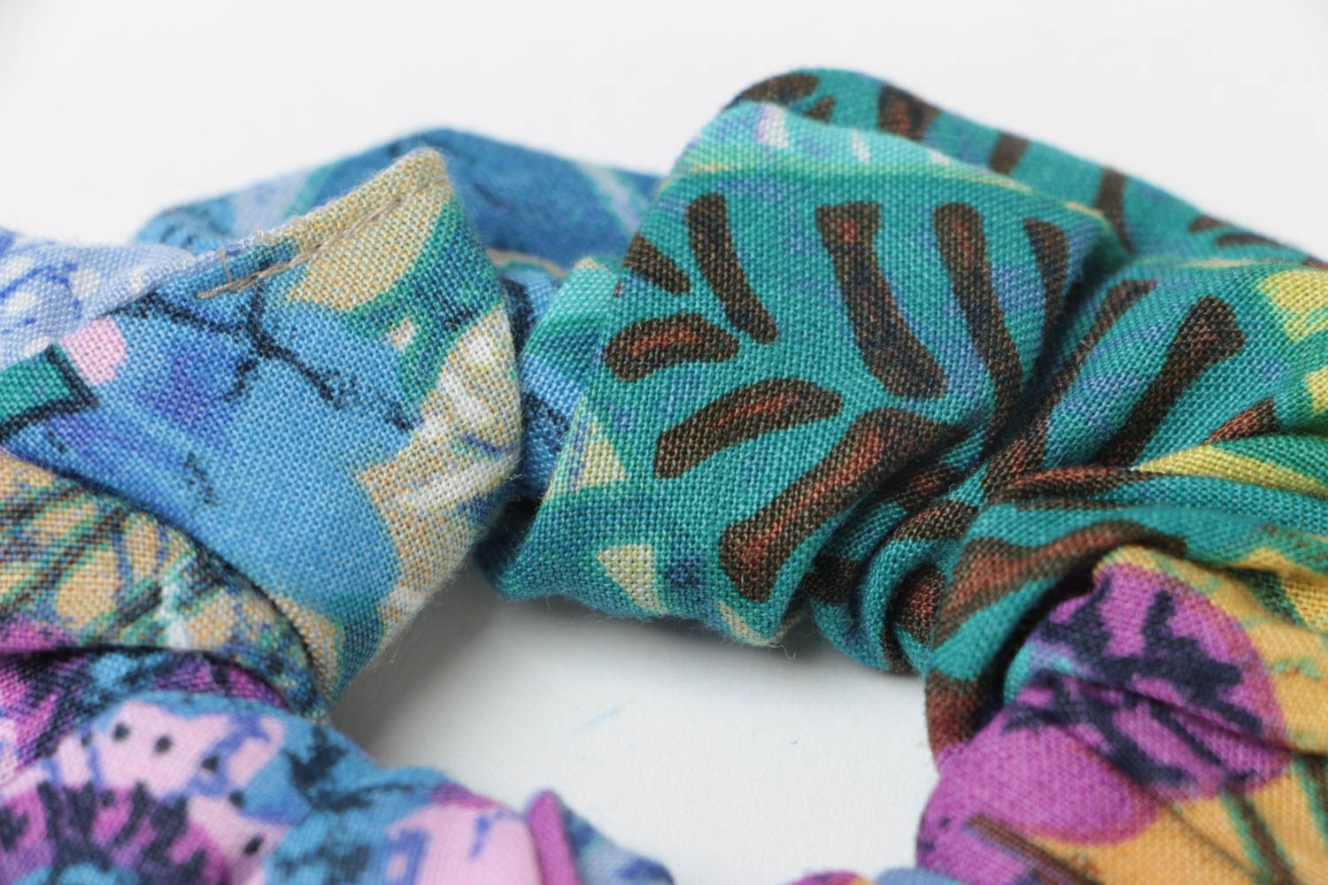 Decorative handmade elastic hair tie sewn of cotton fabric in blue color palette photo 4