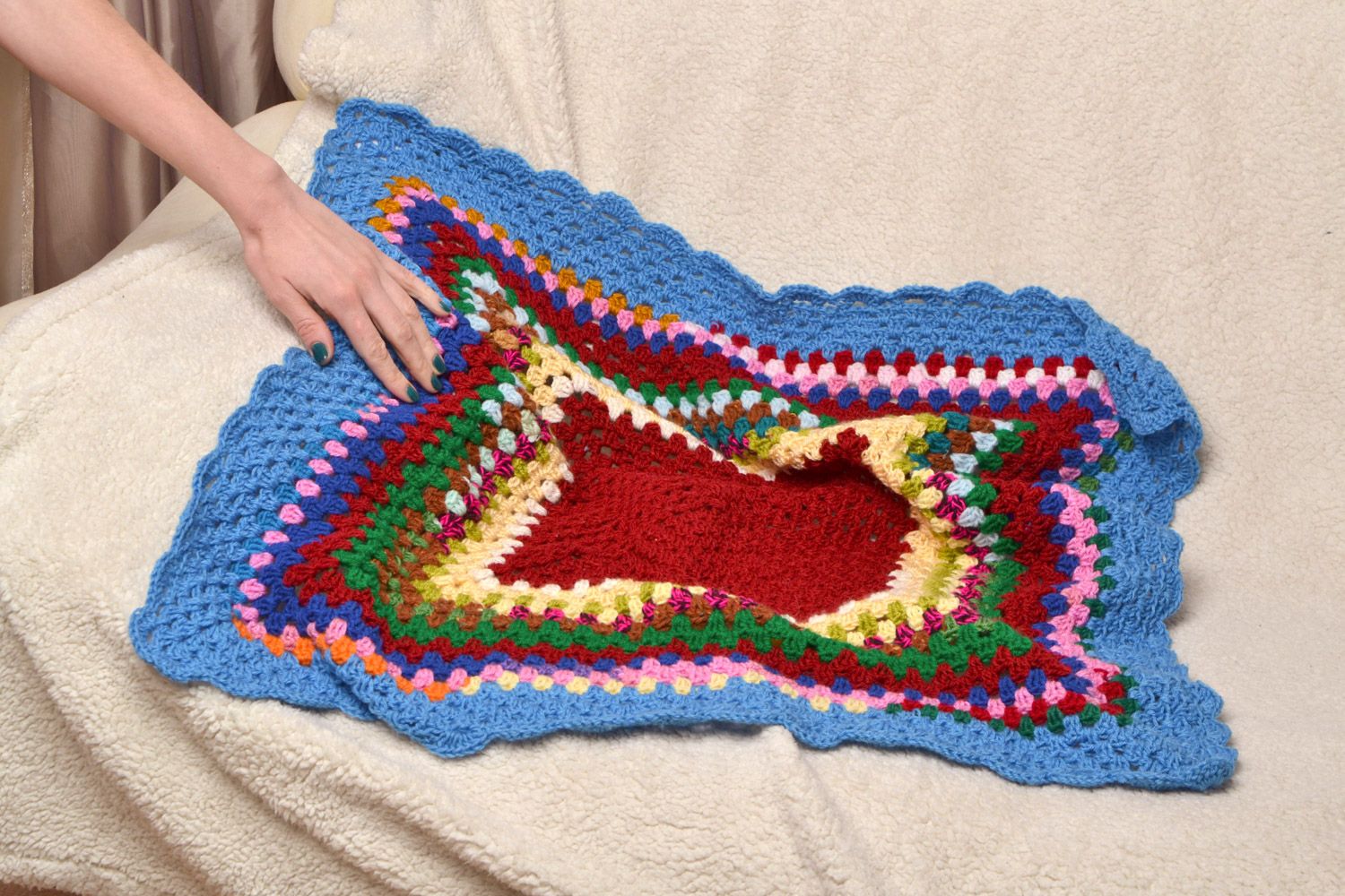 Handmade small blanket crocheted of semi-woolen colorful threads for children photo 2