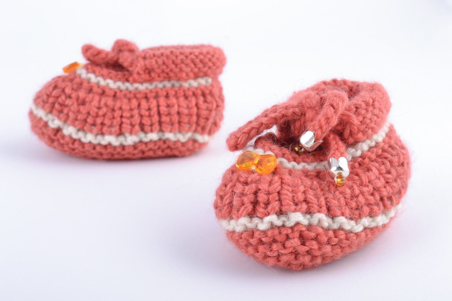 Handmade dark pink warm and soft baby booties knitted of wool for little girl photo 4