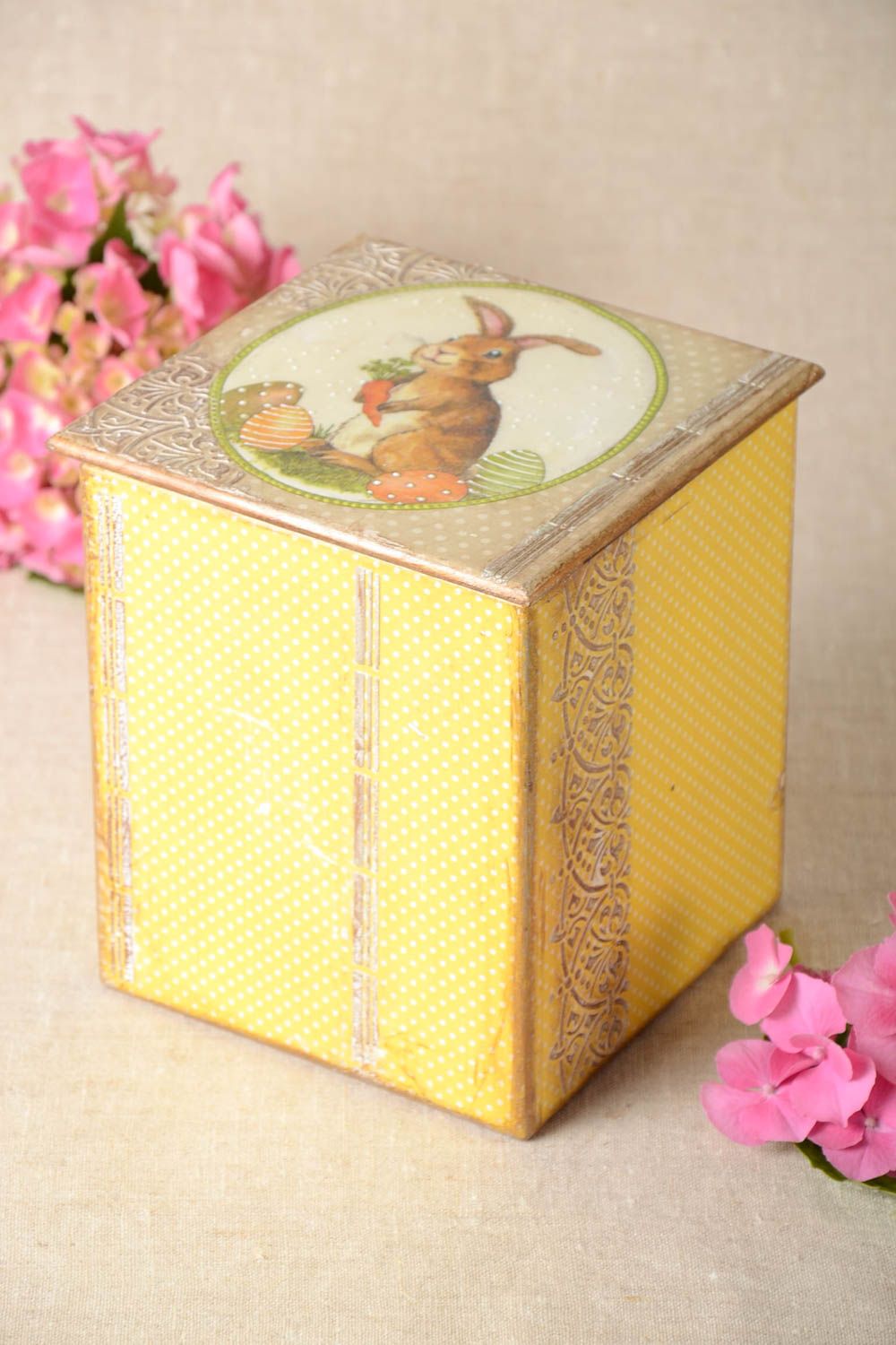 Handmade wooden decoupage box box with bunny designer present for woman photo 1