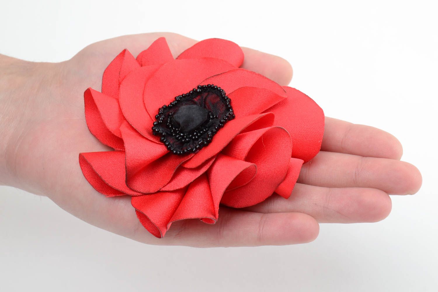 Broche textile originale faite main accessoire en forme de fleur rouge de pavot photo 5